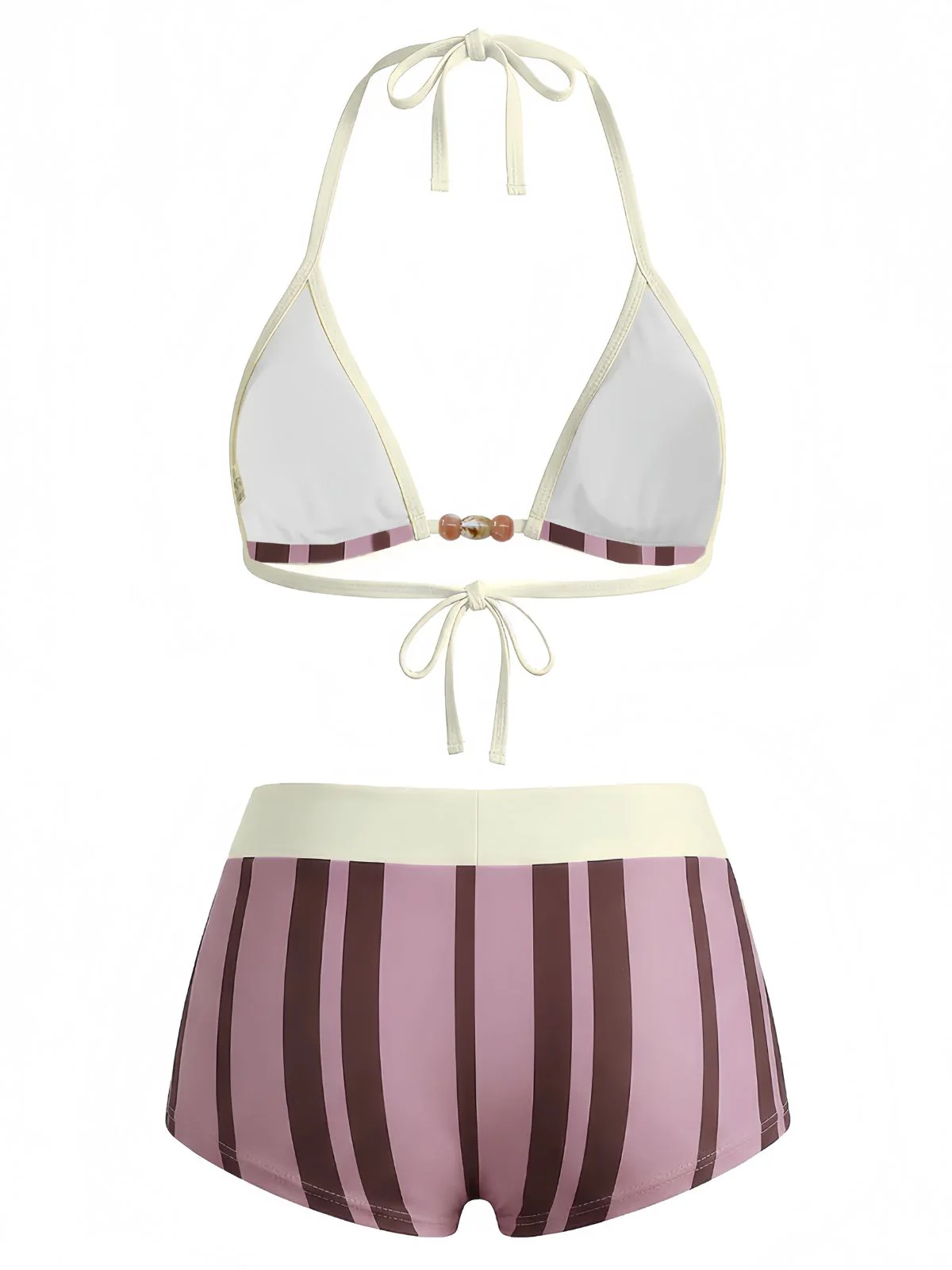 Multicolor 1950s Tie Halter Beaded Striped Swimwear Set - Image 4