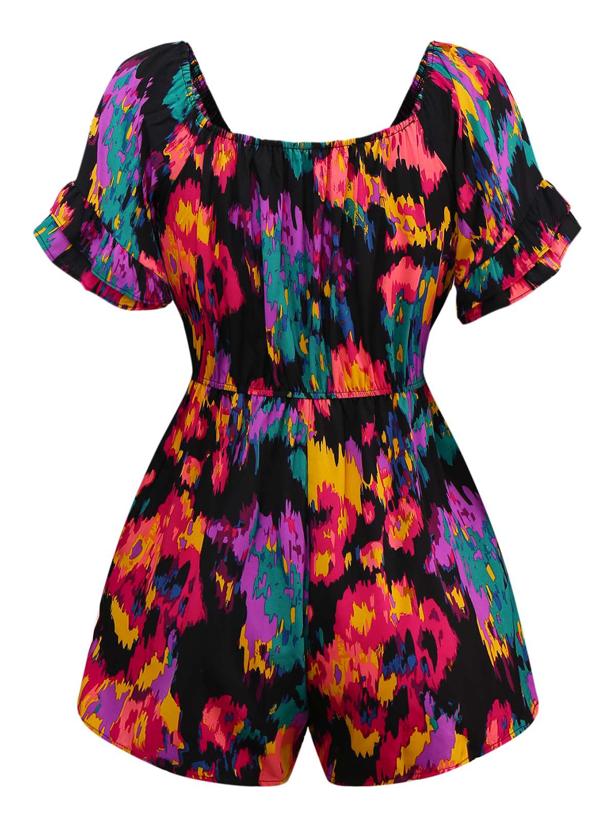 Multicolor 1960s Abstract Paints Ruffle Off-Shoulder Romper - Image 2