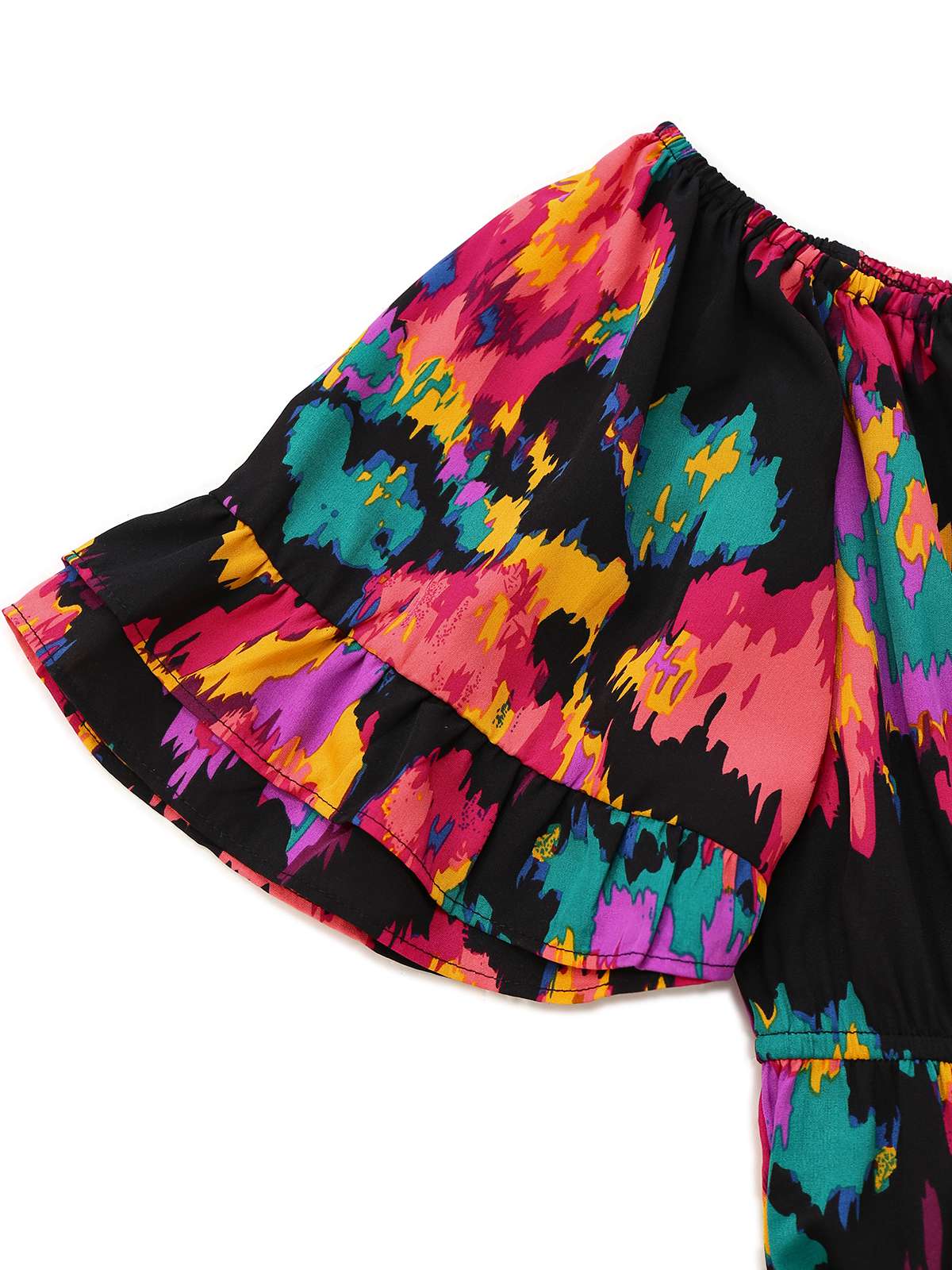 Multicolor 1960s Abstract Paints Ruffle Off-Shoulder Romper - Image 4