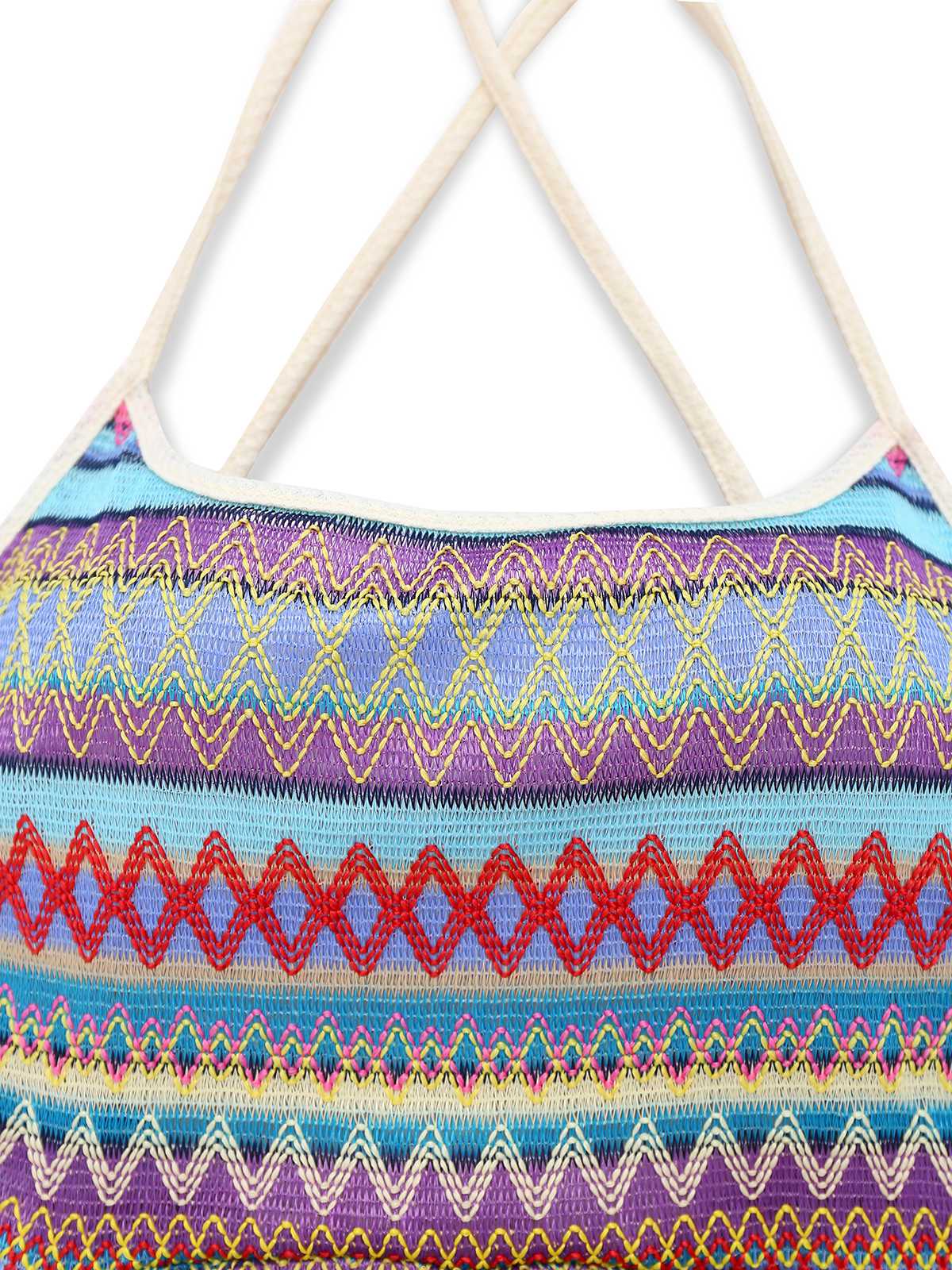 Multicolor 1960s Bohemian Drawstring Knit Straps Dress - Image 3