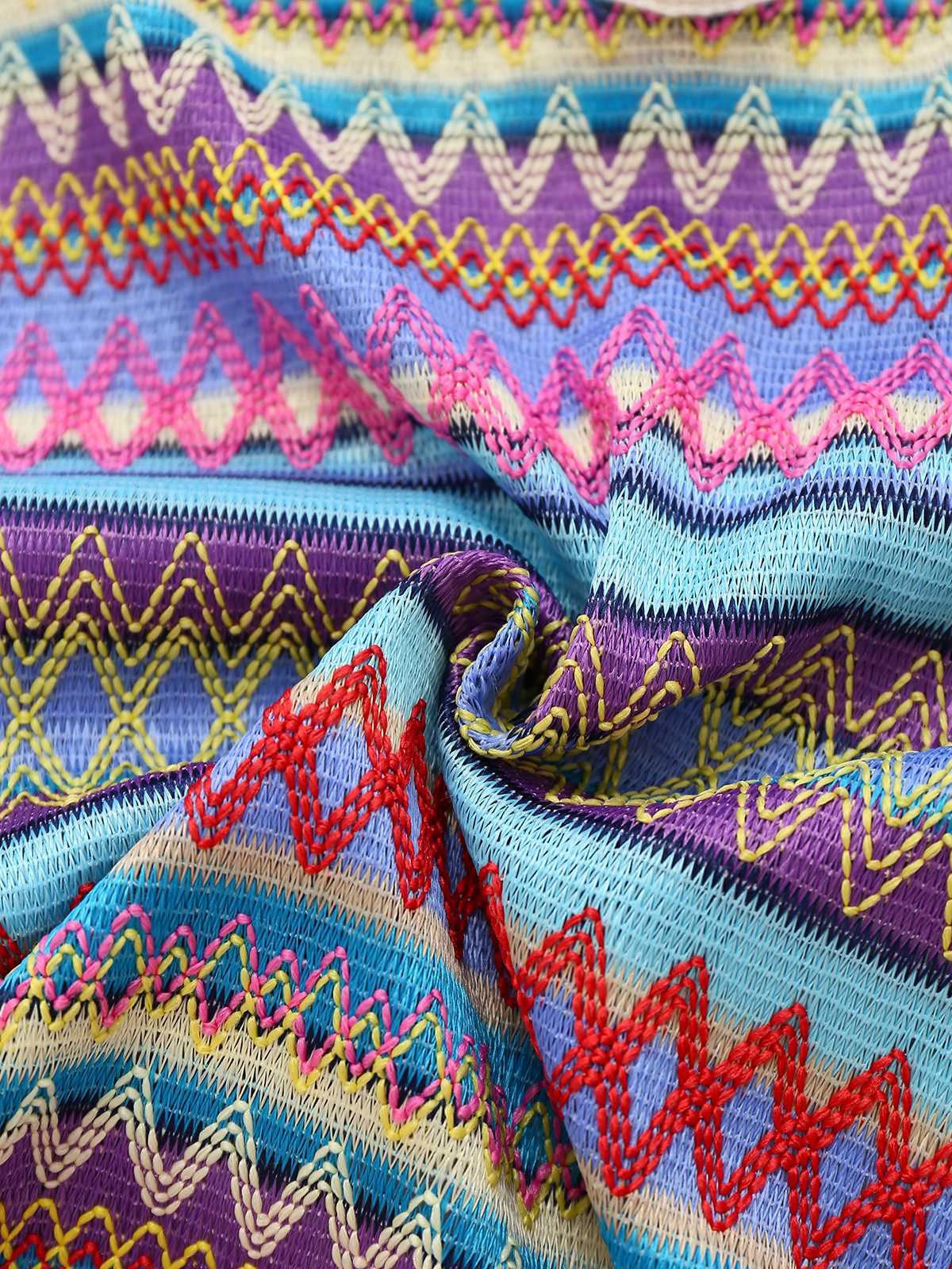 Multicolor 1960s Bohemian Drawstring Knit Straps Dress - Image 6