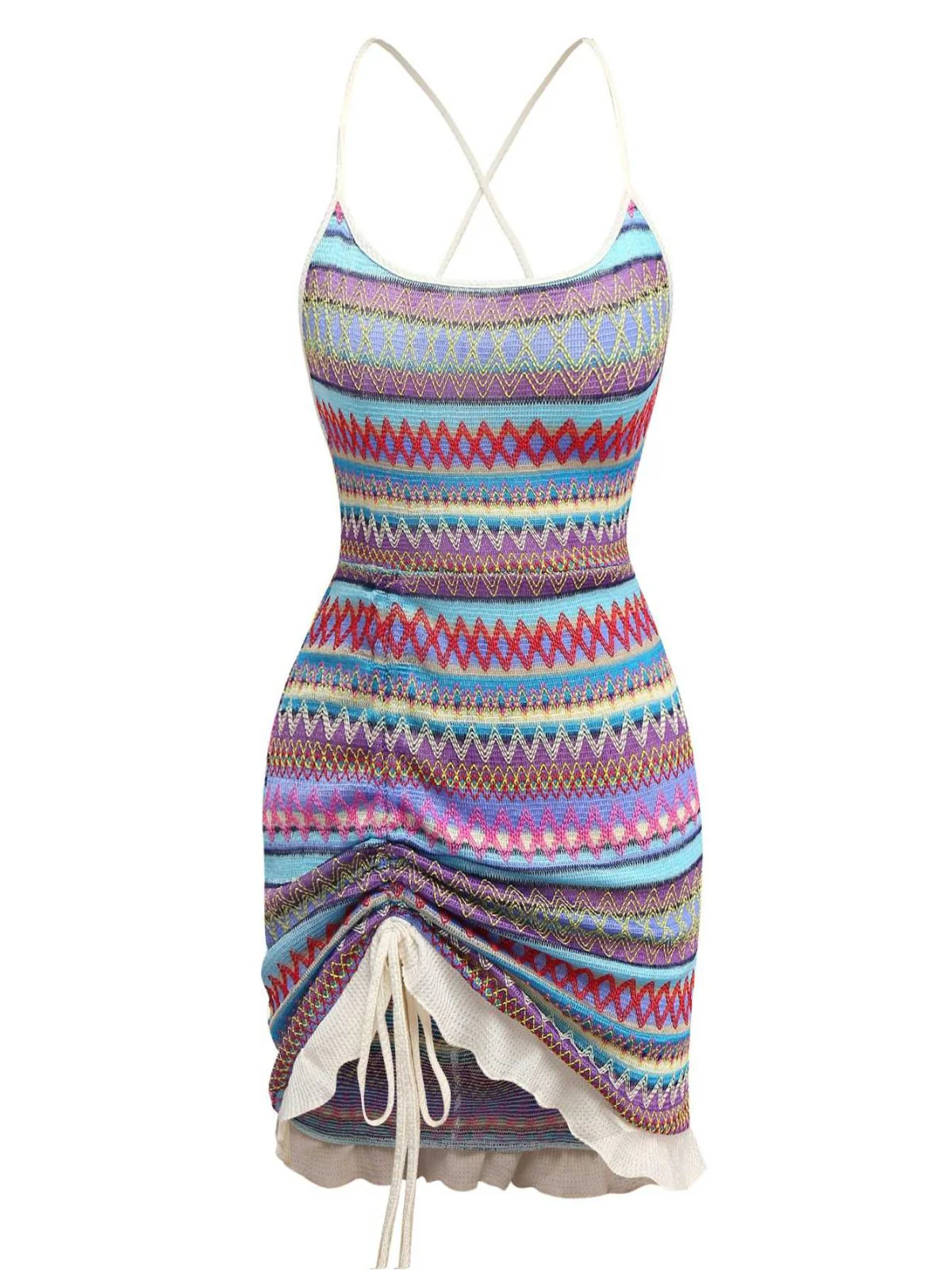 Multicolor 1960s Bohemian Drawstring Knit Straps Dress - Image 5