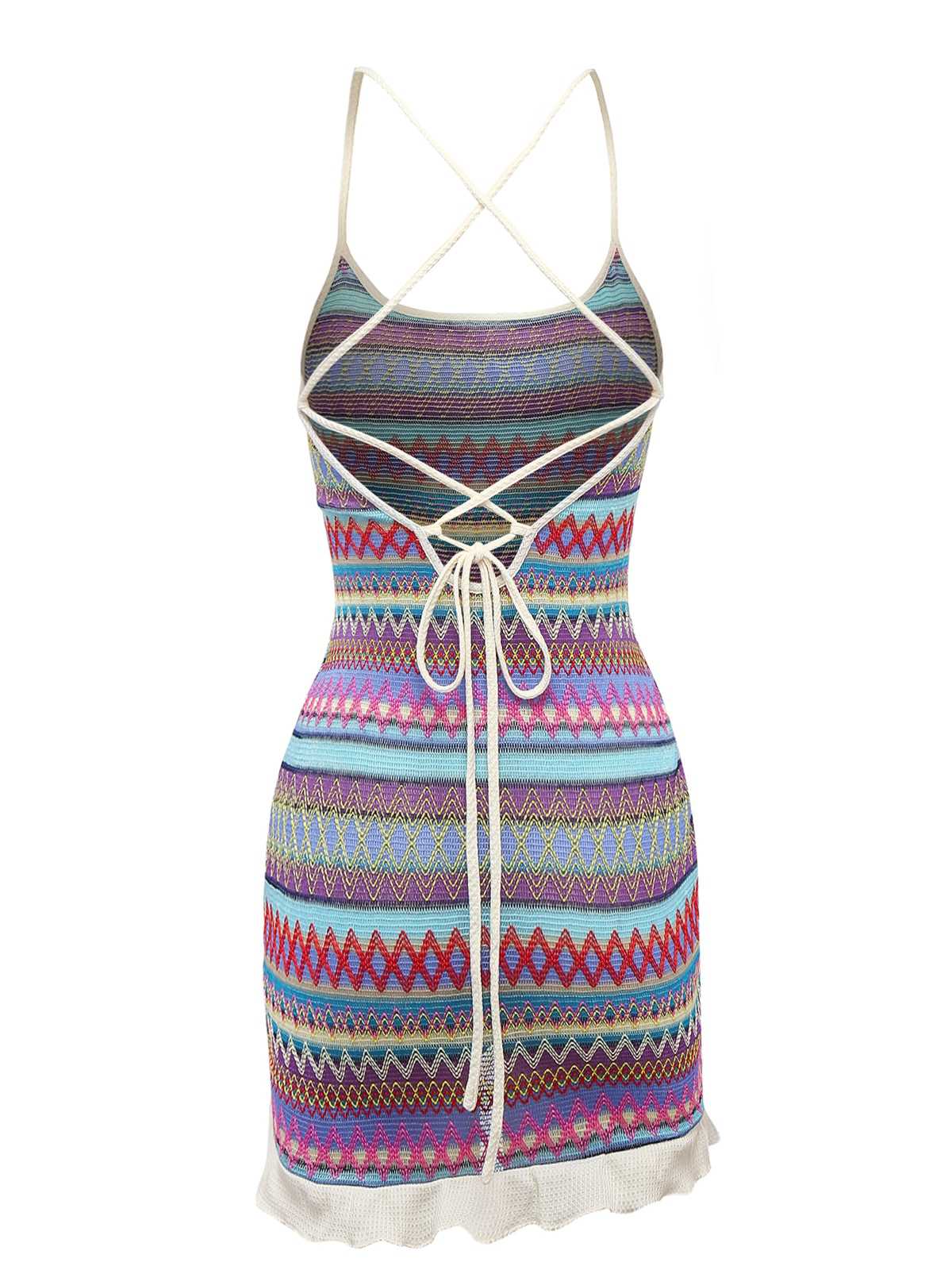 Multicolor 1960s Bohemian Drawstring Knit Straps Dress - Image 6