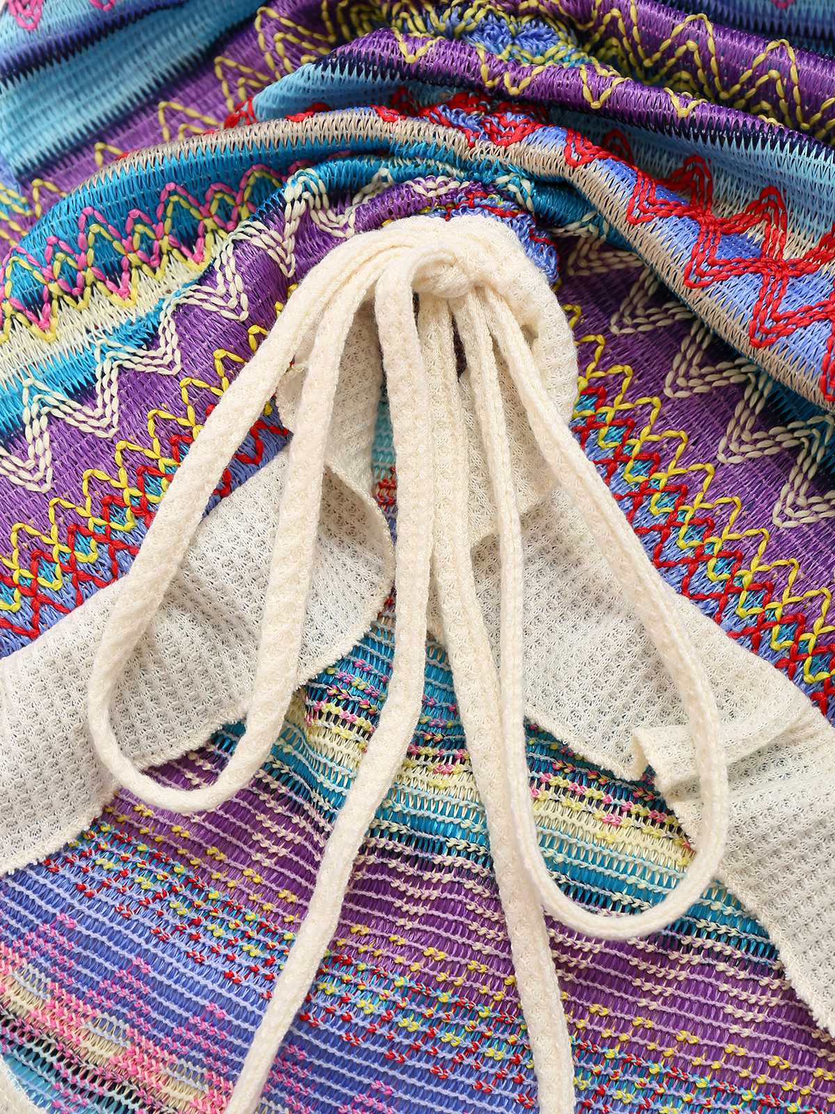 Multicolor 1960s Bohemian Drawstring Knit Straps Dress - Image 8