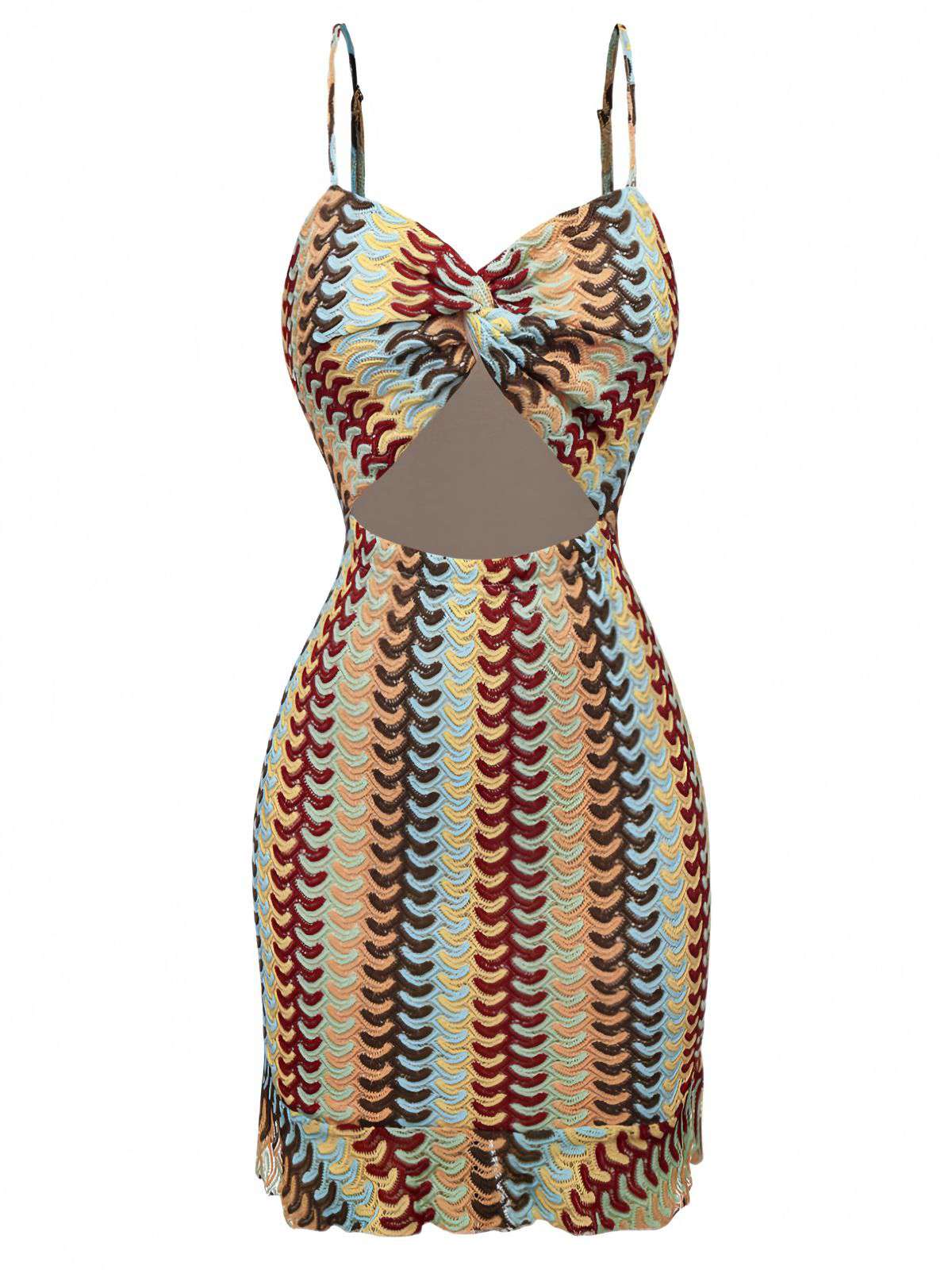 Multicolor 1960s Crochet Cutout Twist Ruffled Hem Dress - Image 2