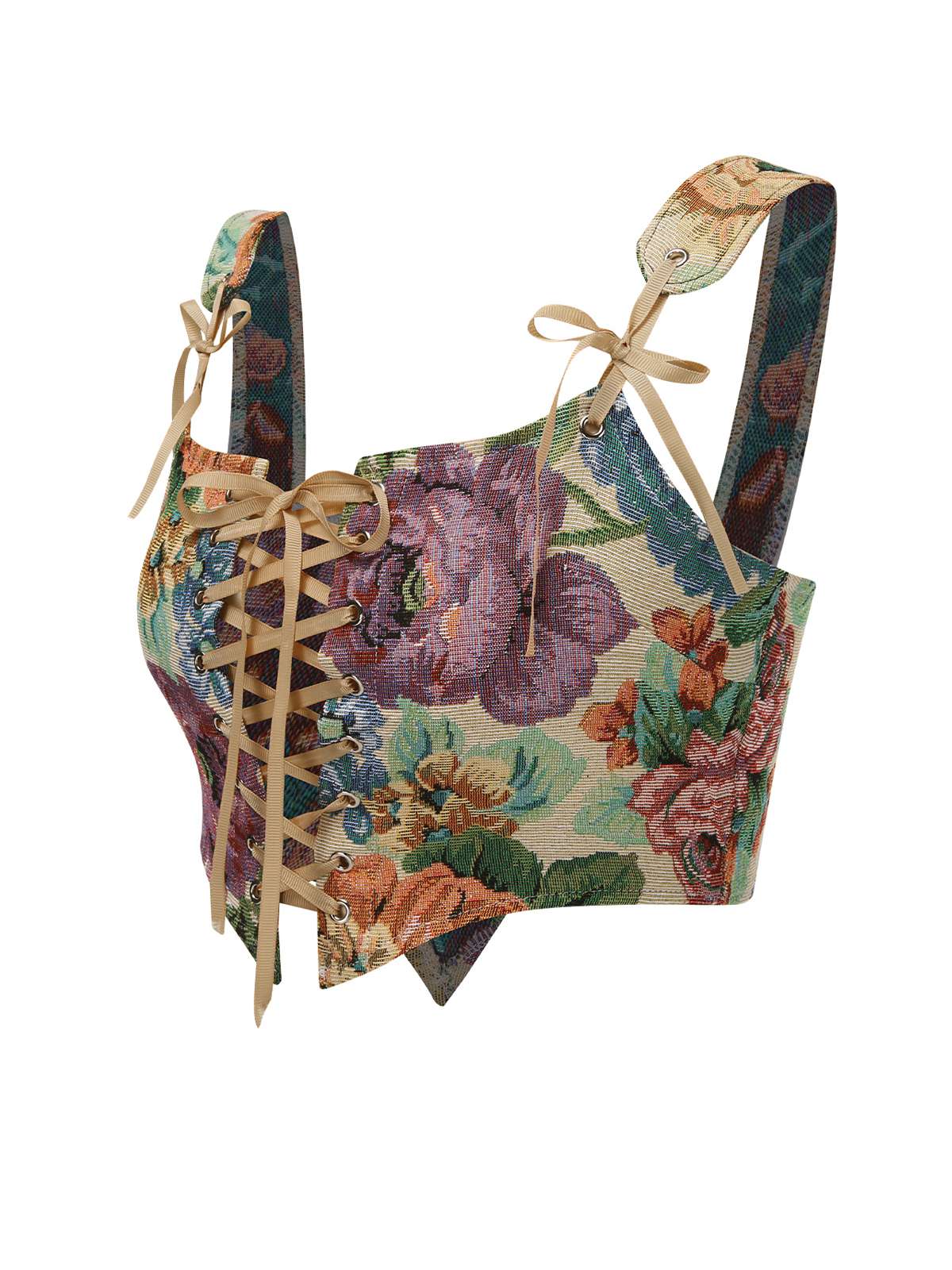 Multicolor 1960s Floral Lace-Up Bustier Crop Top - Image 2