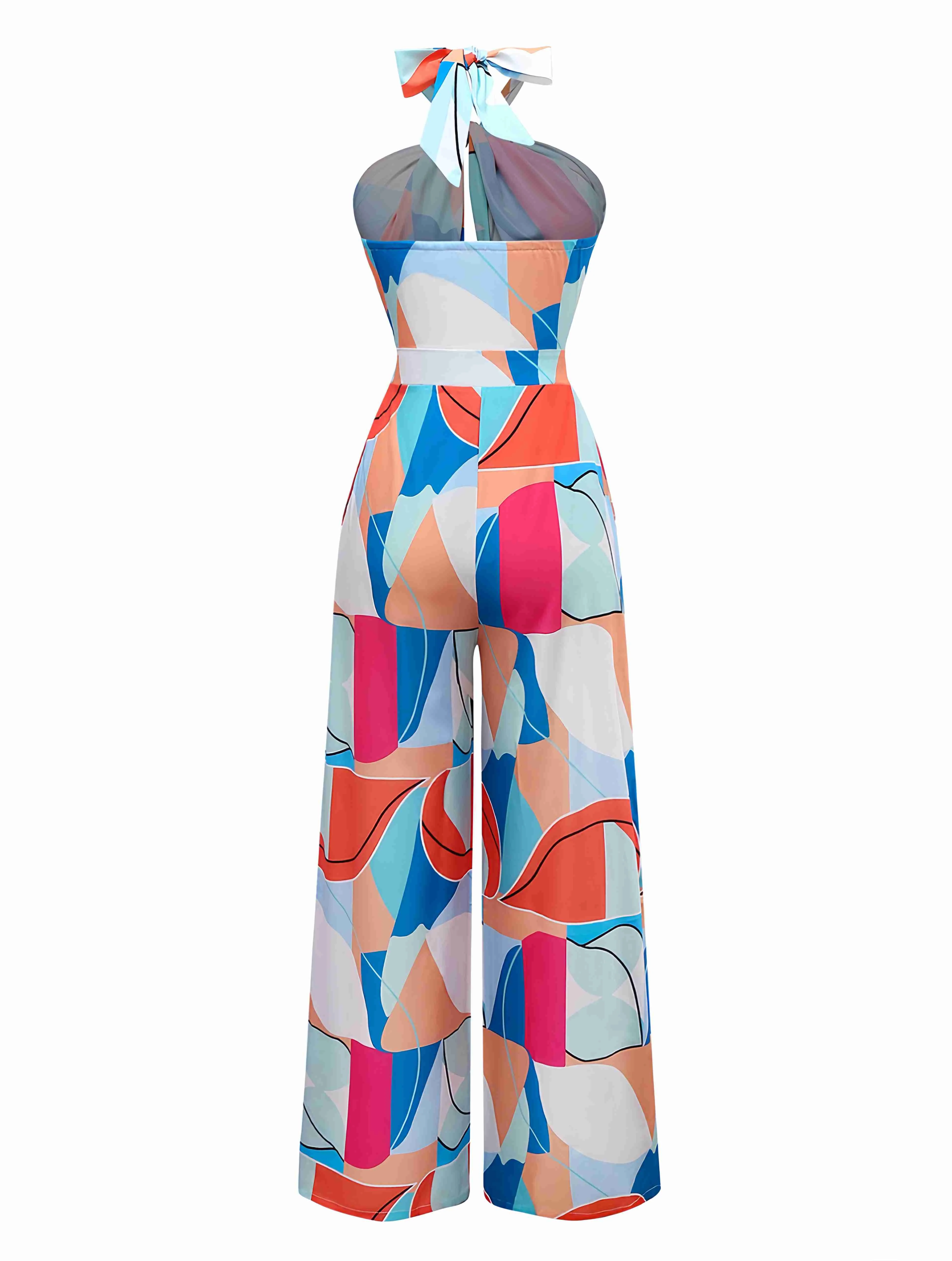 Multicolor 1960s Geometric Abstract Print Halter Jumpsuit - Image 2
