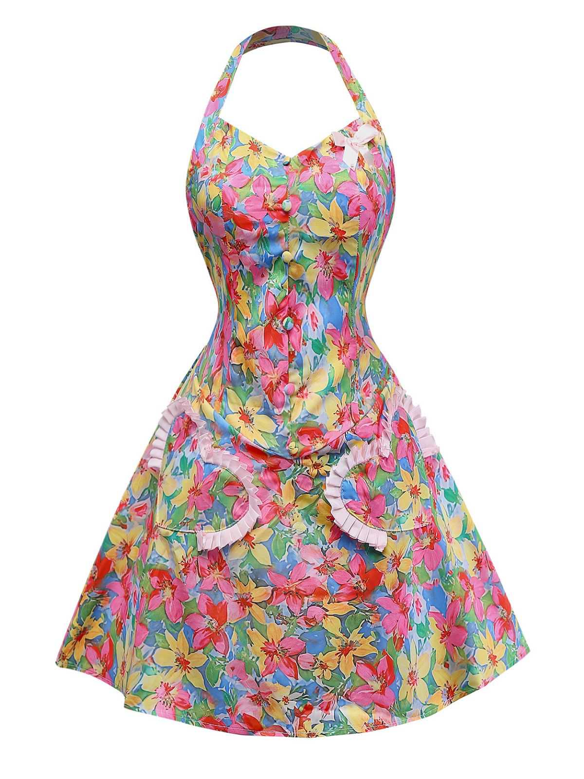 Multicolor 1960s Halter Floral Bow Heart Dress - Image 2
