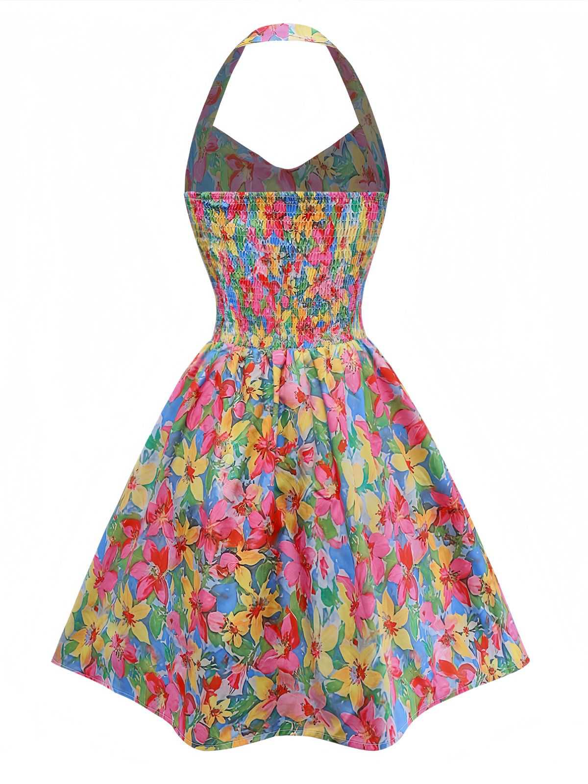 Multicolor 1960s Halter Floral Bow Heart Dress - Image 3