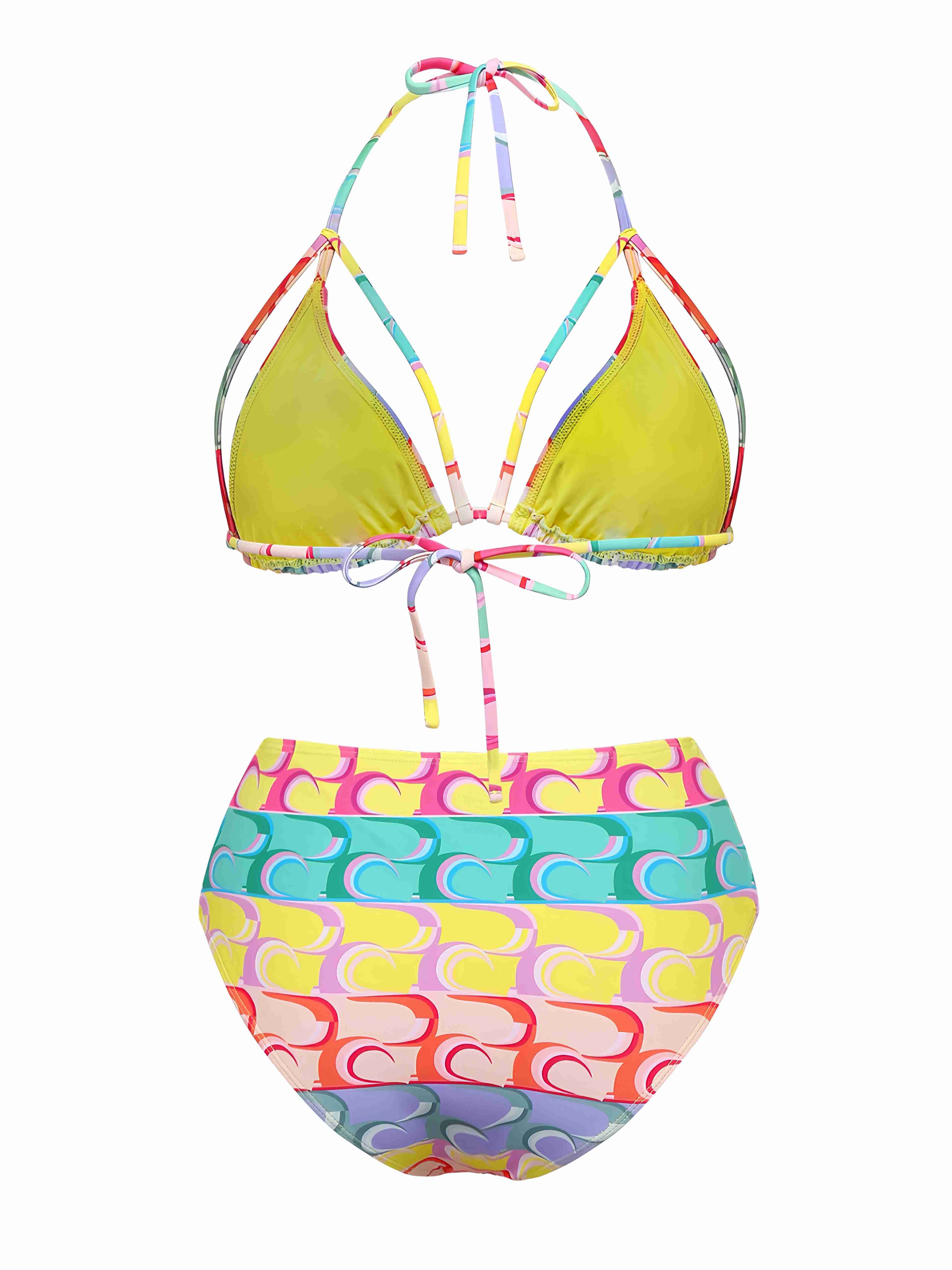 Multicolor 1960s Lace-up Rainbow Halter Bikini Set - Image 2