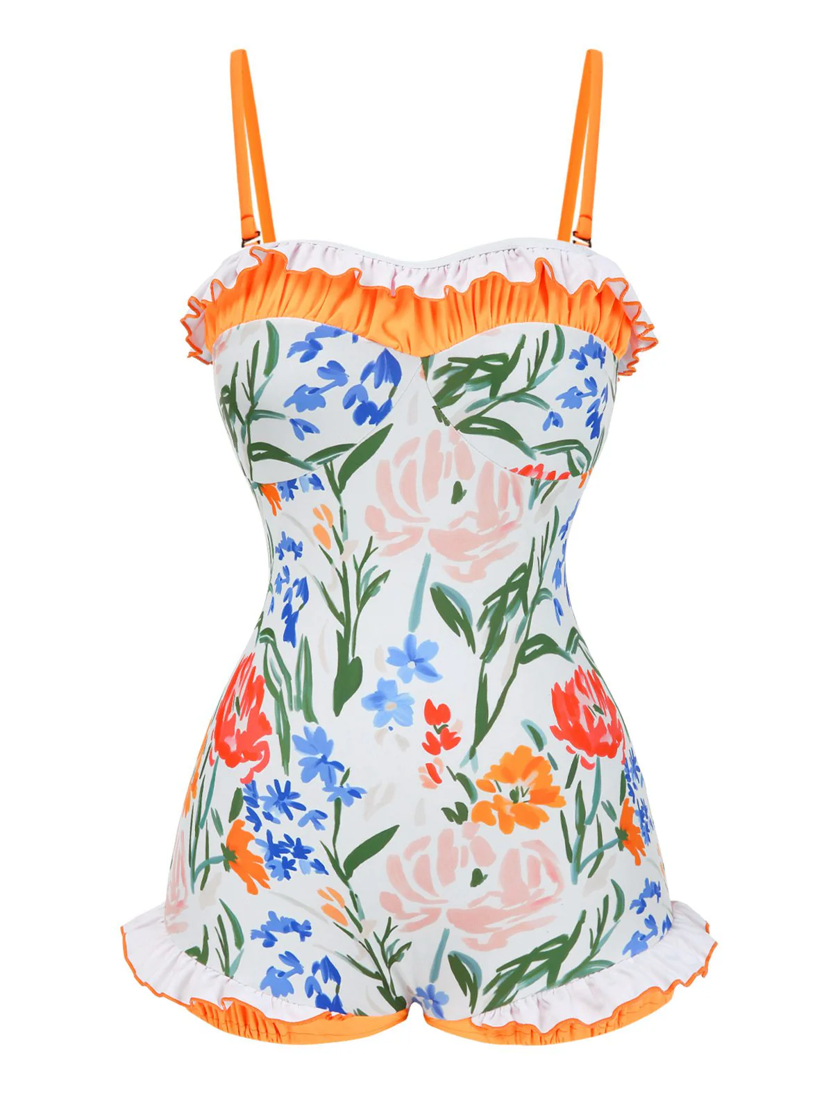 Multicolor 1960s Painted Floral Bandeau One-Piece Swimsuit - Image 2