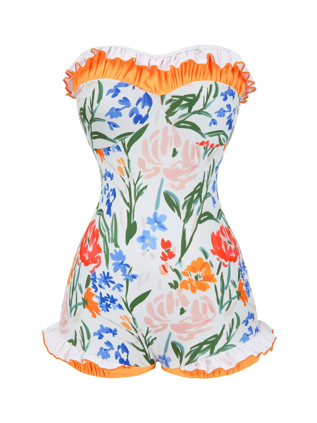 Multicolor 1960s Painted Floral Bandeau One-Piece Swimsuit - Image 3