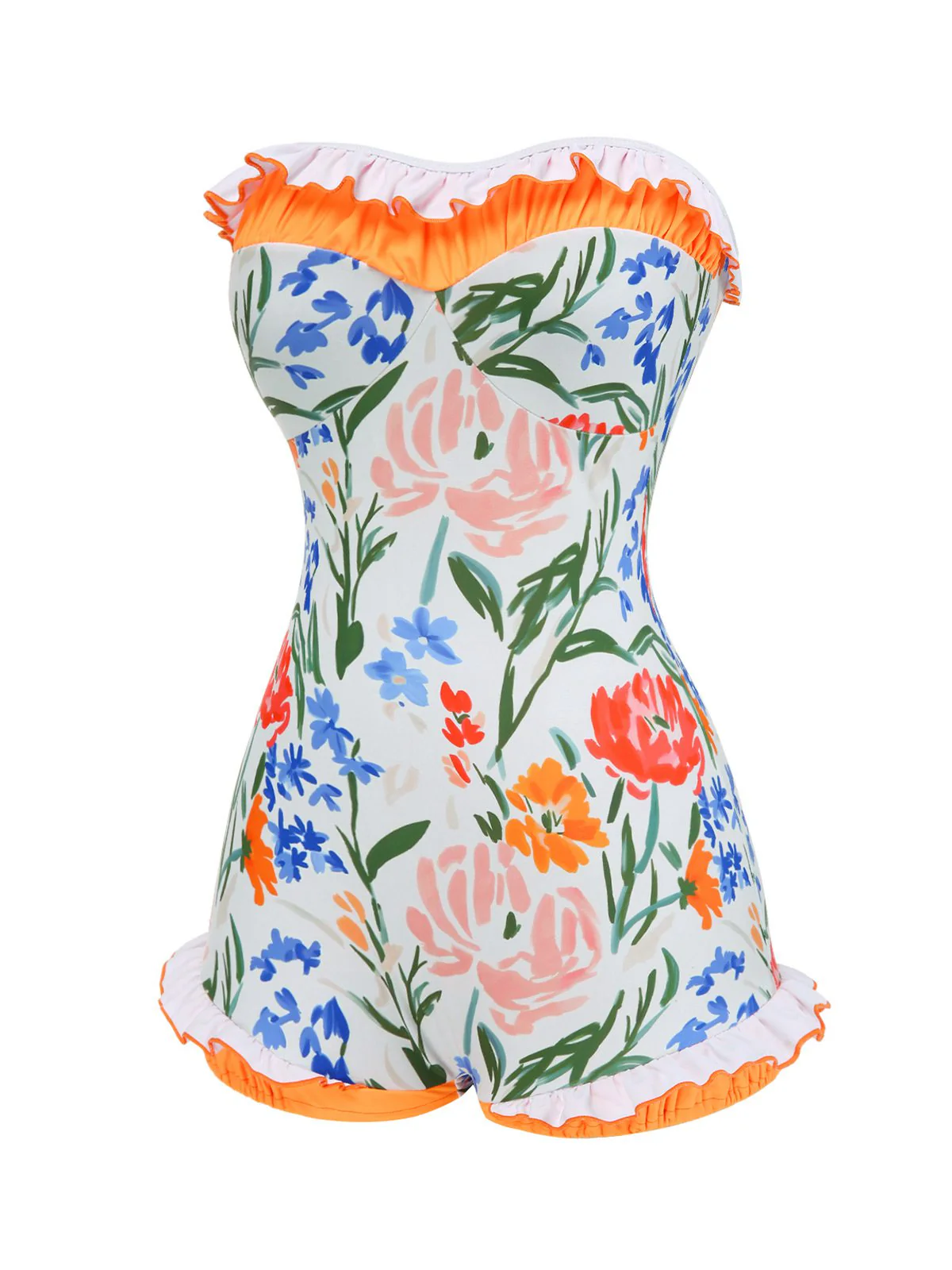 Multicolor 1960s Painted Floral Bandeau One-Piece Swimsuit - Image 4