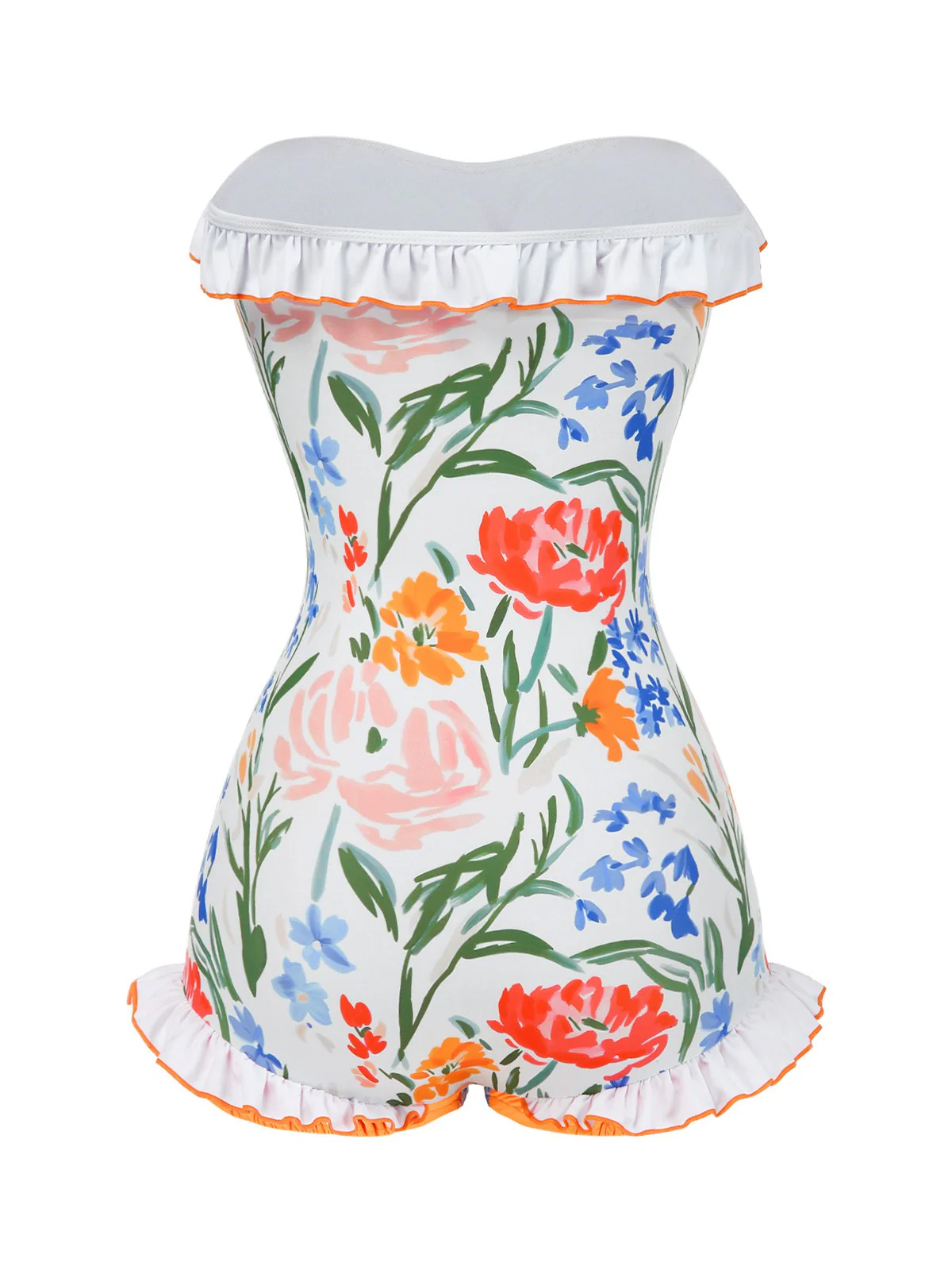 Multicolor 1960s Painted Floral Bandeau One-Piece Swimsuit - Image 5