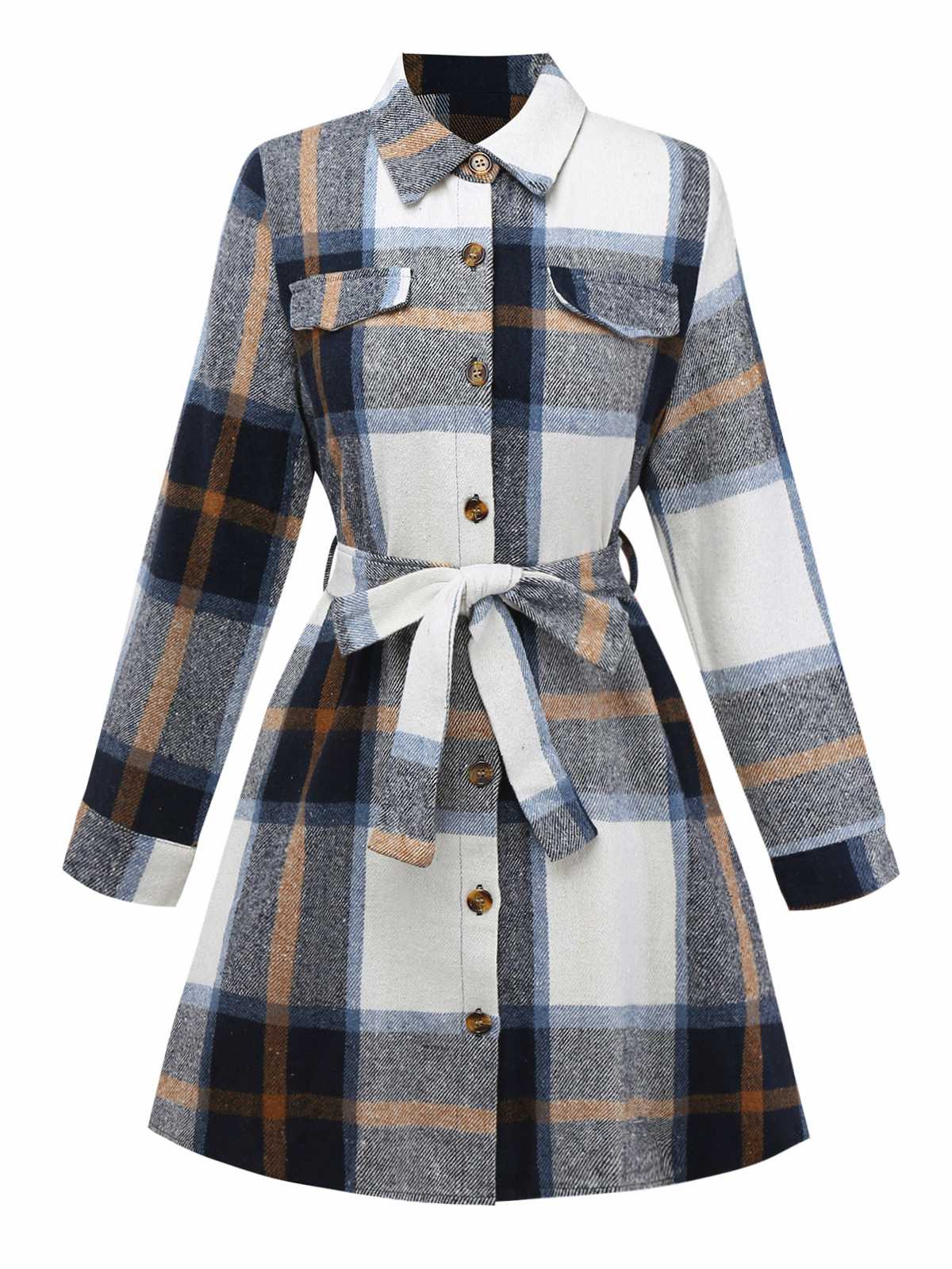Multicolor 1960s Plaid Belted Shirt Dress - Image 2