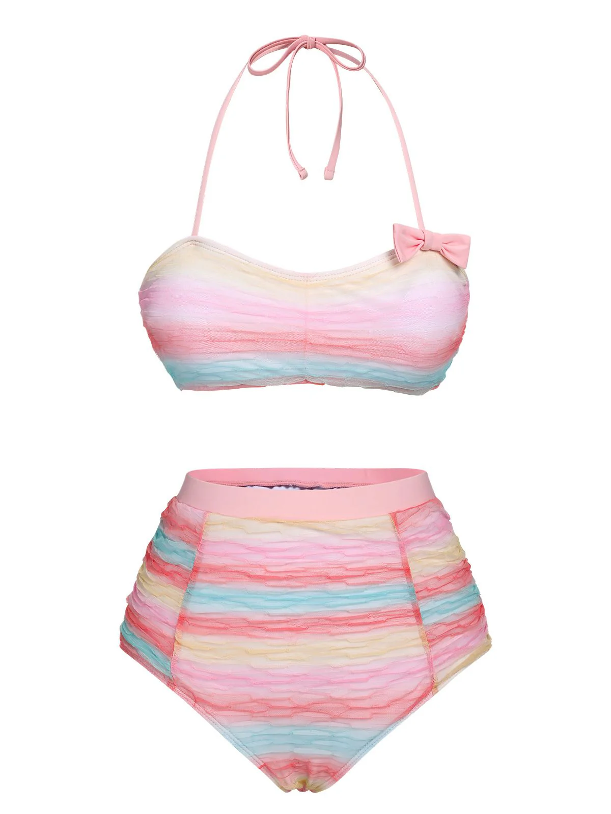Multicolor 1960s Rainbow Mesh Bow Swimsuit - Image 2