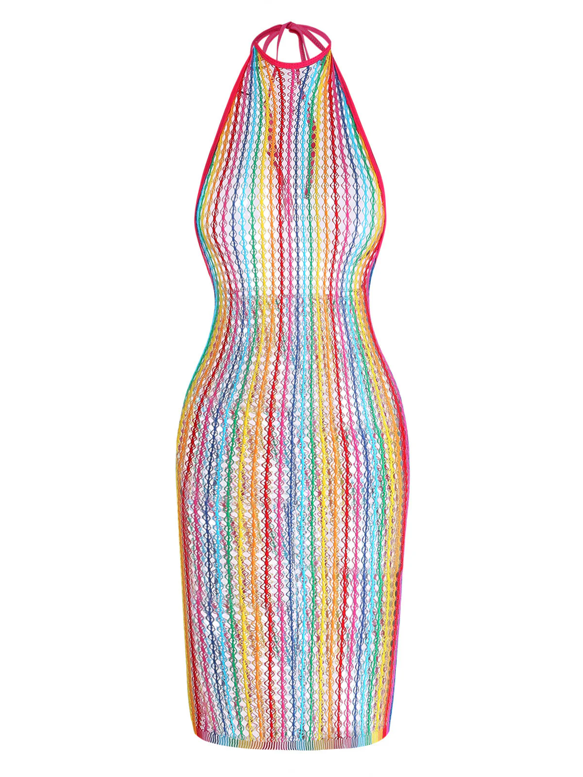 Multicolor 1960s Rainbow Mesh Halter Nightgown - Image 2