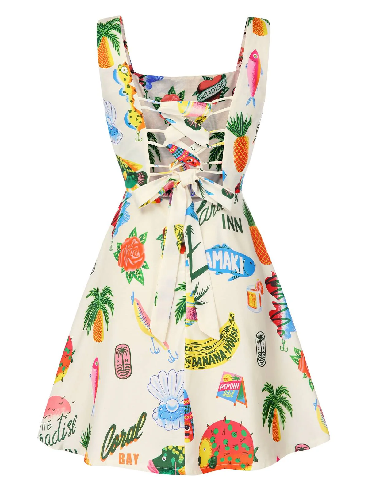 Multicolor 1960s Tropical Fruits Wide-Straps Dress - Image 2