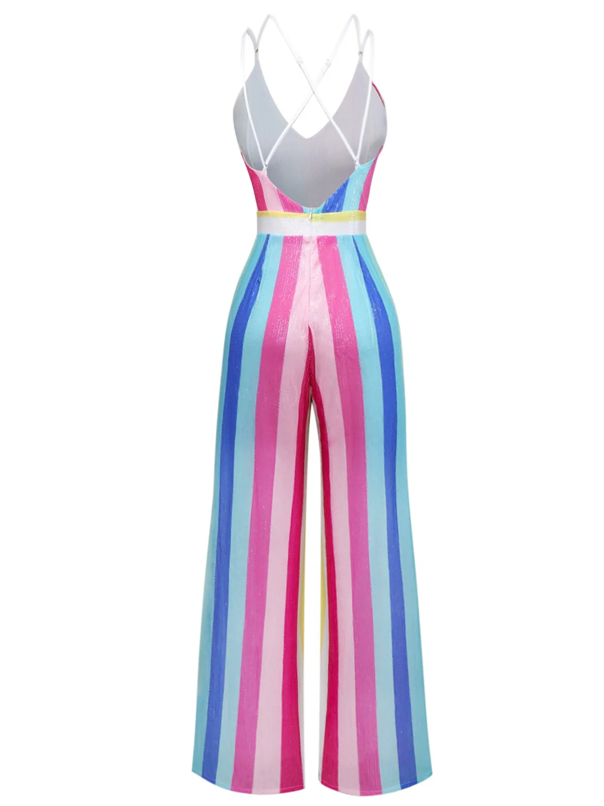 Multicolor 1960s V-Neck Sequined Vertical Striped Jumpsuit - Image 2