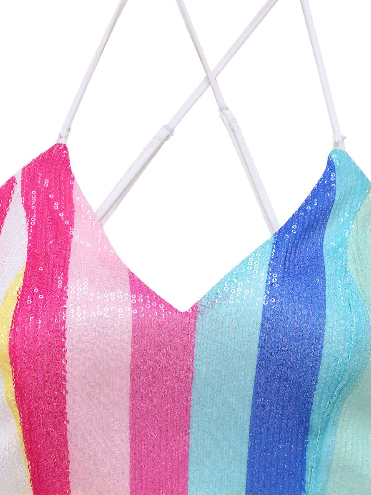 Multicolor 1960s V-Neck Sequined Vertical Striped Jumpsuit - Image 3