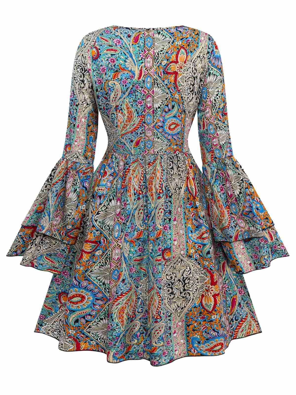 Multicolor 1970s Bohemian Paisley Floral Bell Sleeve Dress - Image 2
