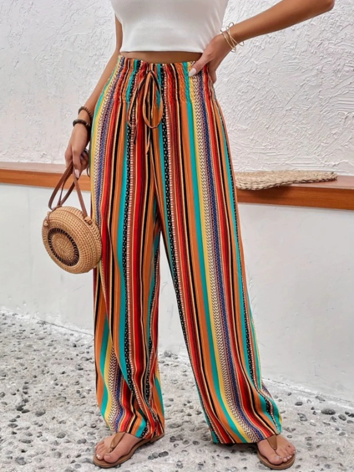 Multicolor 1970s Boho Striped Drawstring Wide-Leg Pants - Image 2