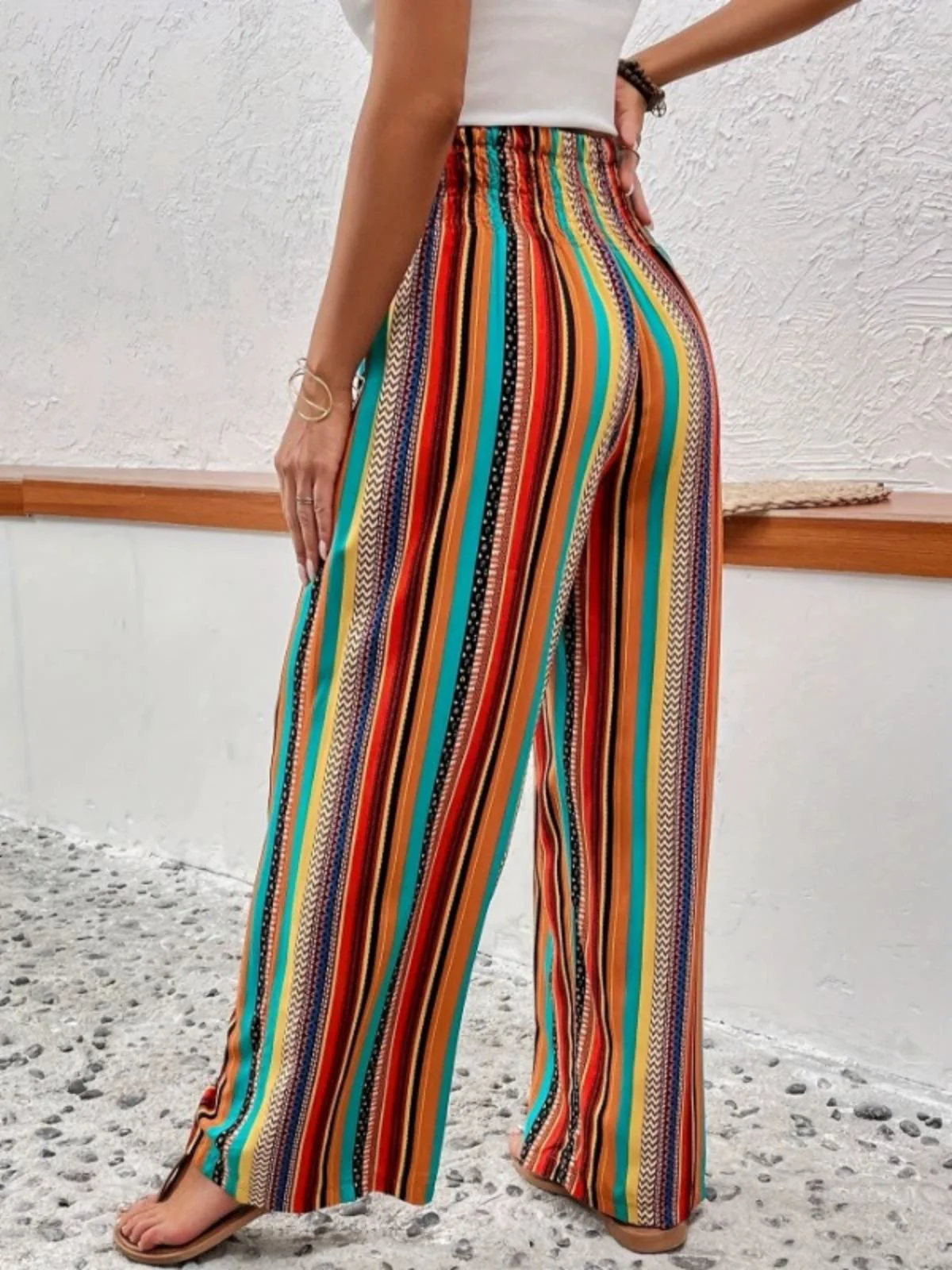 Multicolor 1970s Boho Striped Drawstring Wide-Leg Pants - Image 4