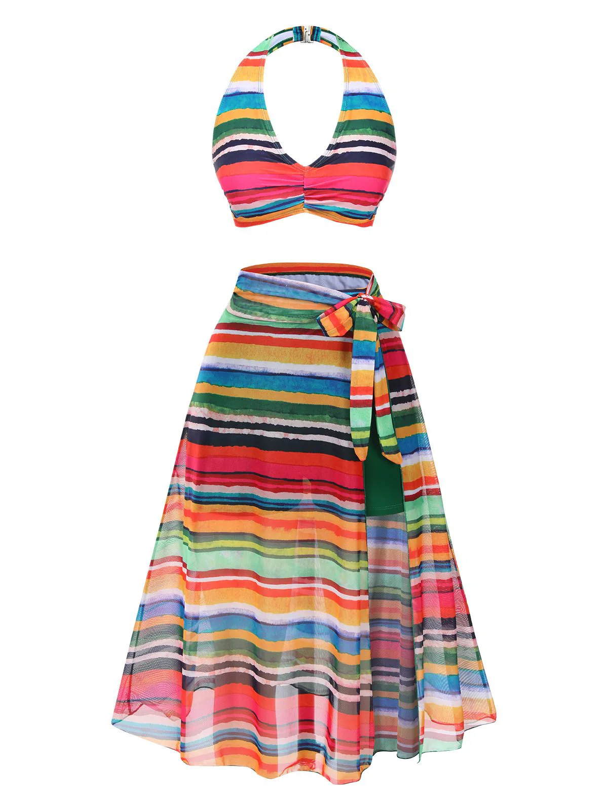 Multicolor 1970s Boho Stripes Swimsuit With Cover-Up - Image 2