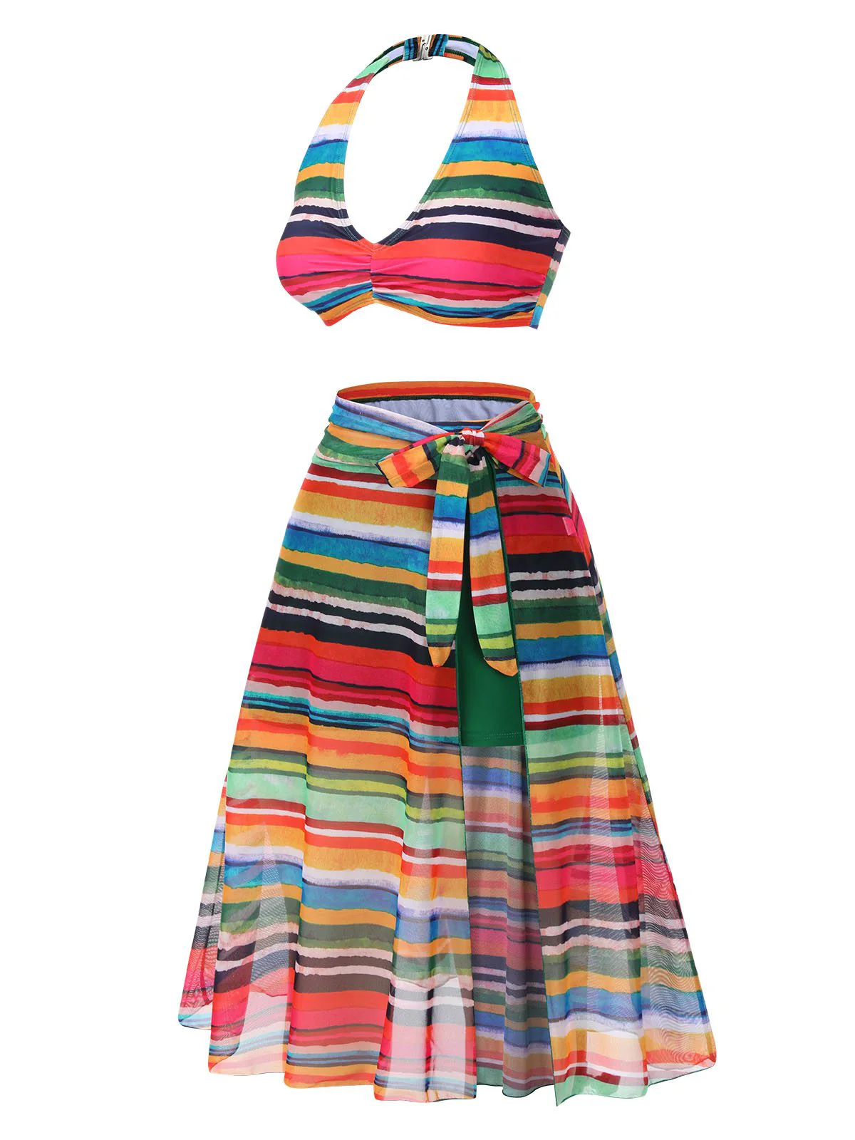 Multicolor 1970s Boho Stripes Swimsuit With Cover-Up - Image 3