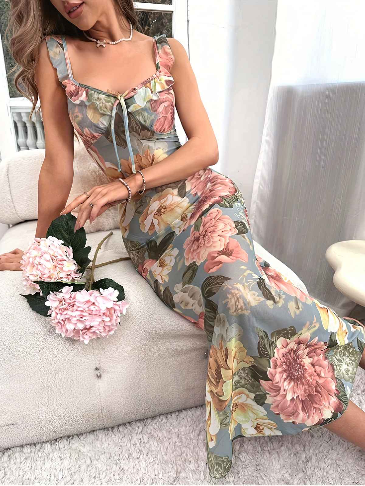 Multicolor 1970s Floral V-Neck Straps Nightgown - Image 2