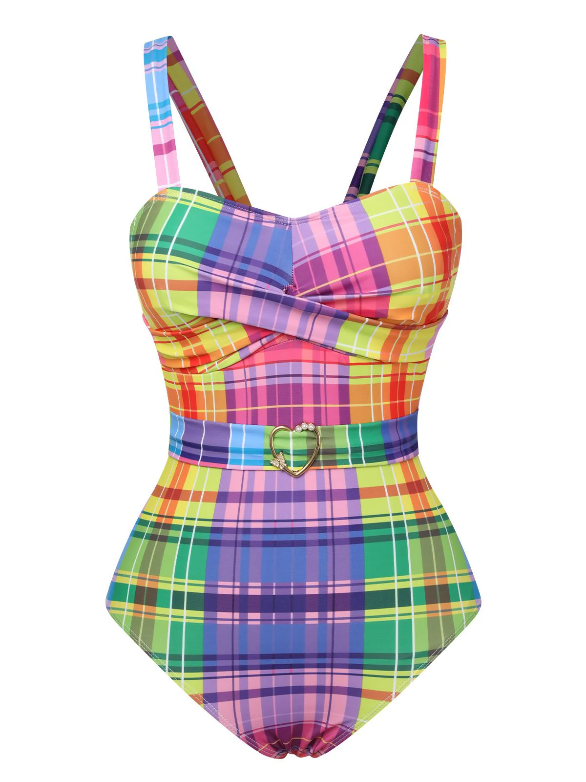 Multicolor 1970s Rainbow Plaid Bow Swimsuit - Image 2