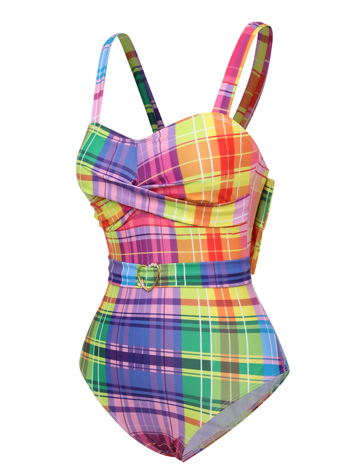 Multicolor 1970s Rainbow Plaid Bow Swimsuit - Image 3