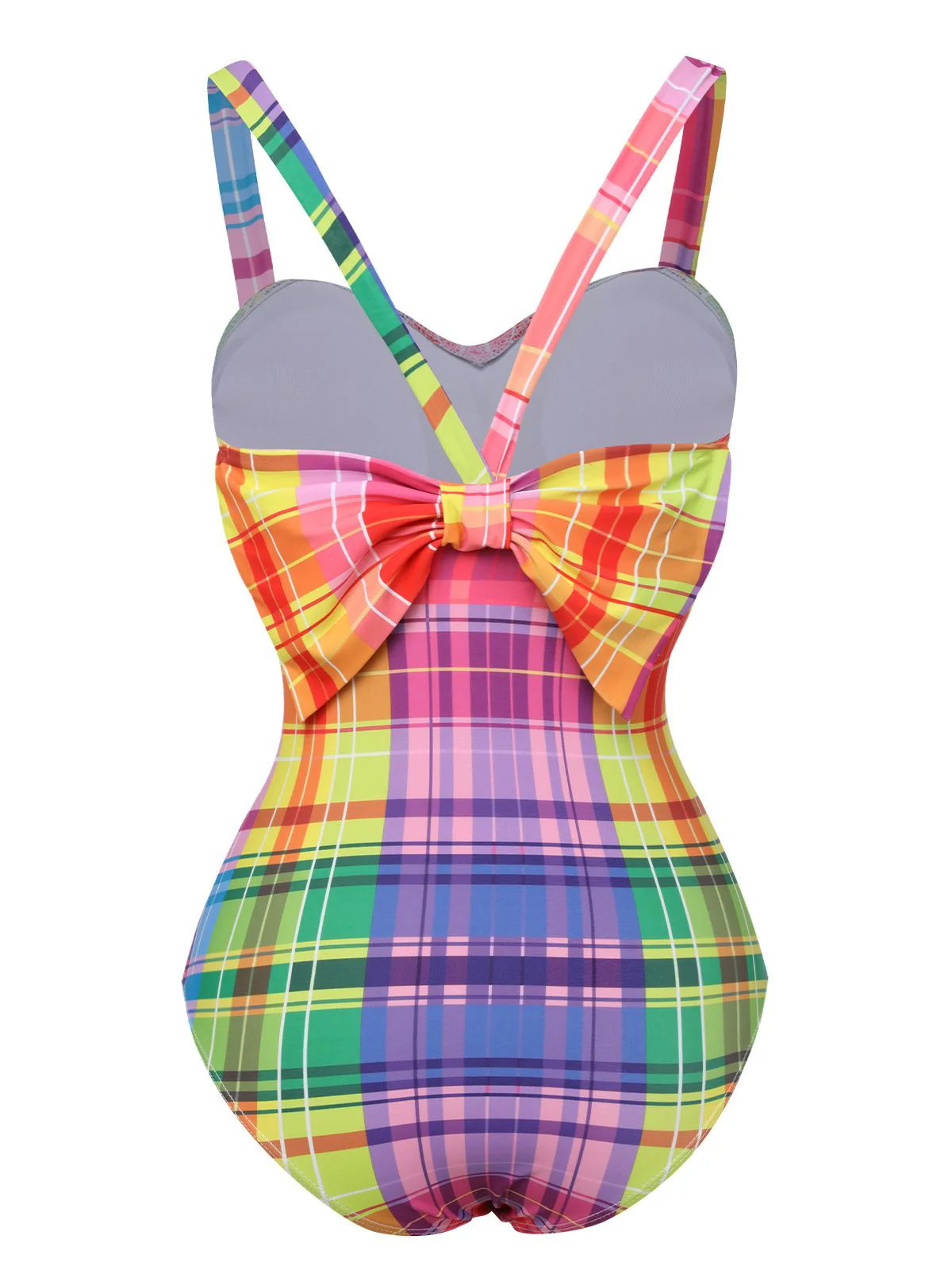 Multicolor 1970s Rainbow Plaid Bow Swimsuit - Image 4