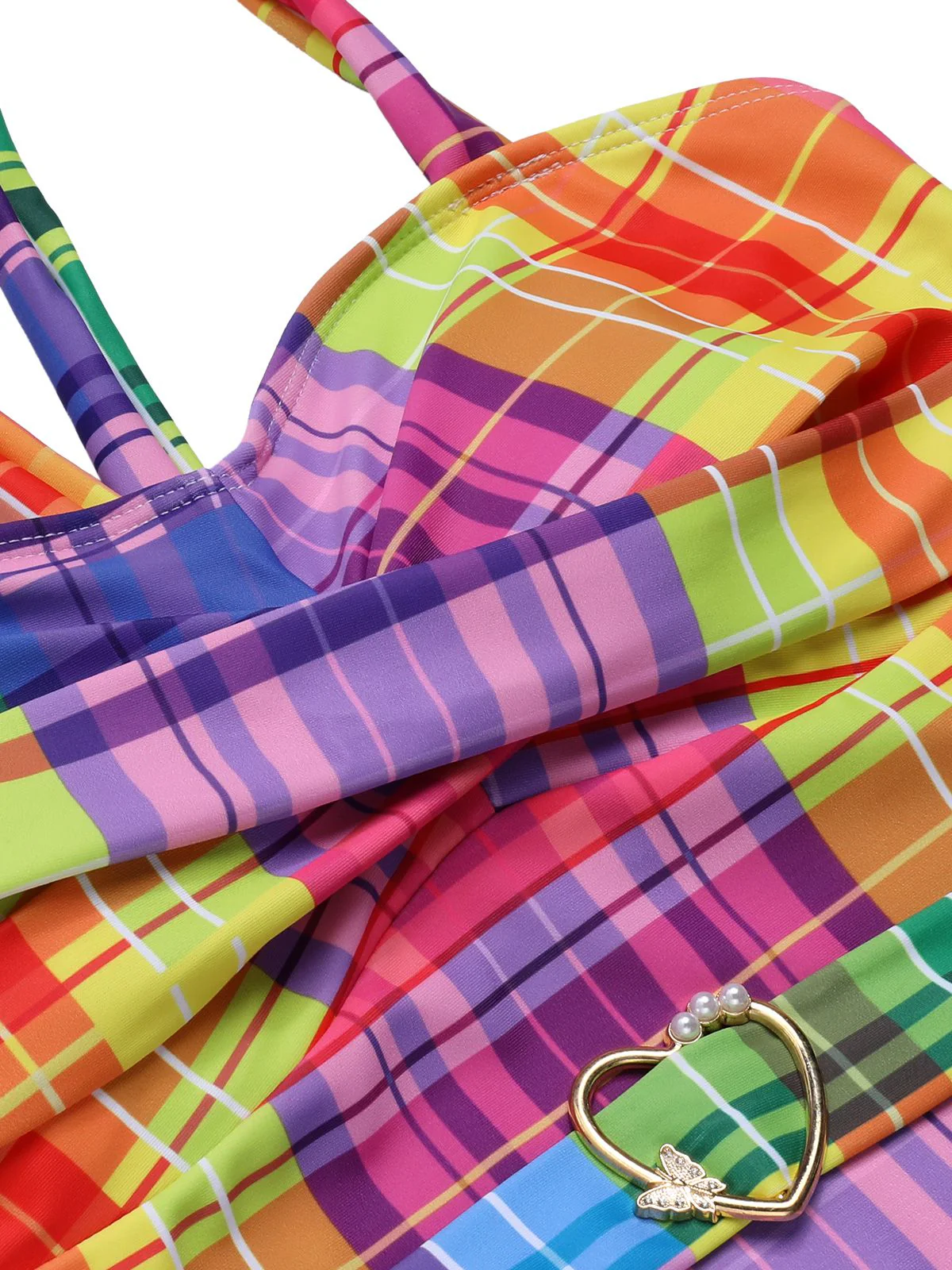 Multicolor 1970s Rainbow Plaid Bow Swimsuit - Image 5