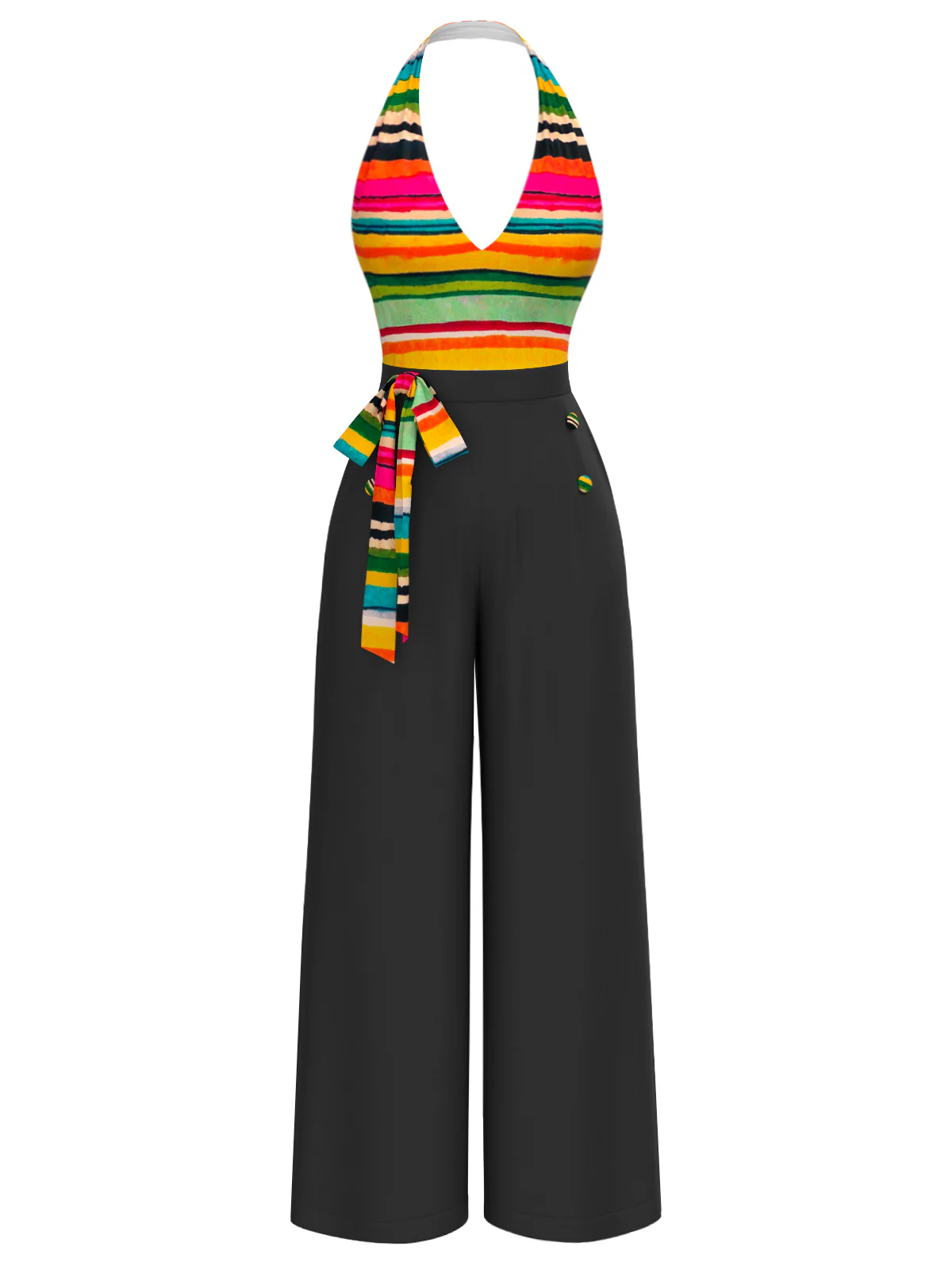 Multicolor 1970s Striped Bow Halter Jumpsuit - Image 2