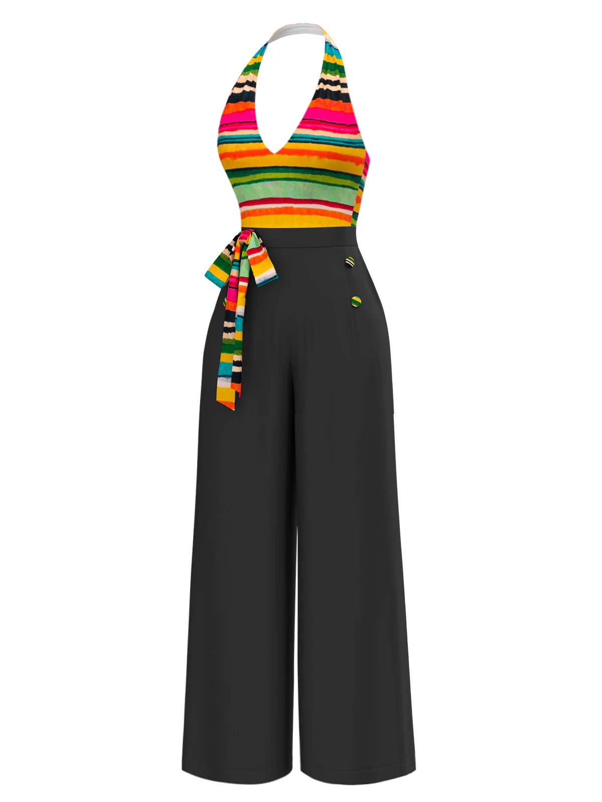 Multicolor 1970s Striped Bow Halter Jumpsuit - Image 3