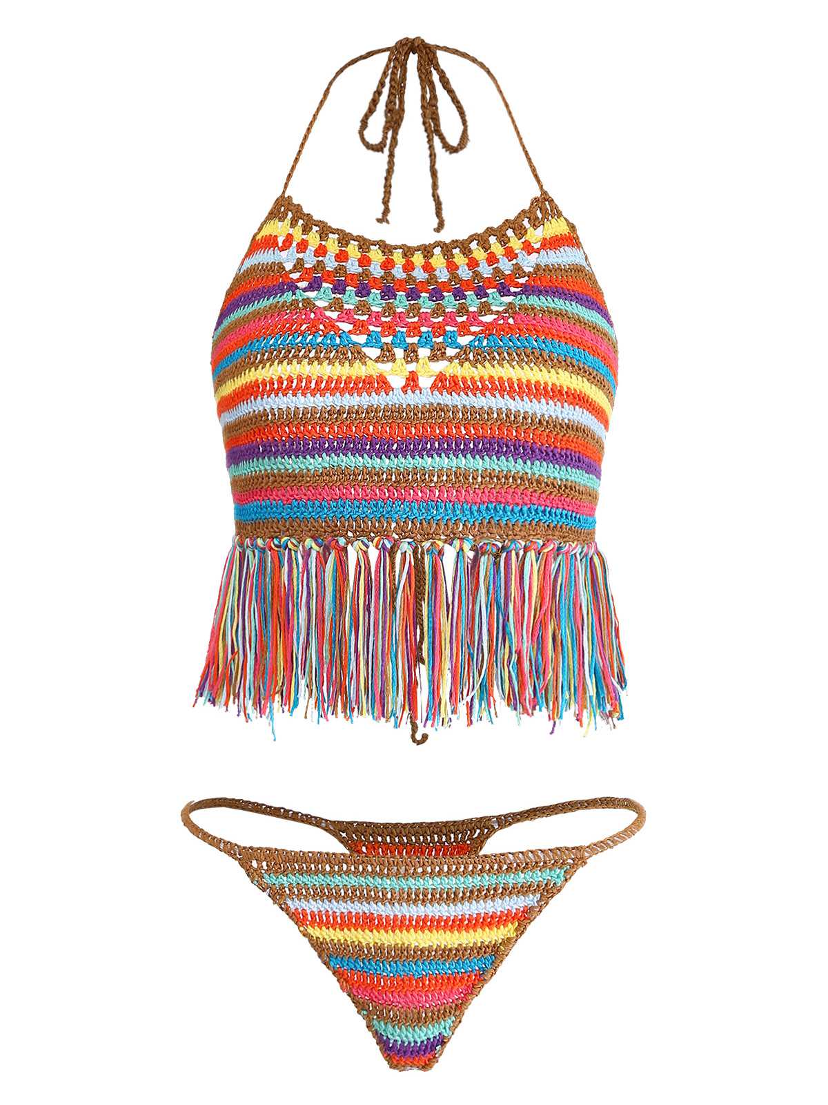 Multicolor 1970s Striped Tassel Crochet Halter Bikini Set - Image 2