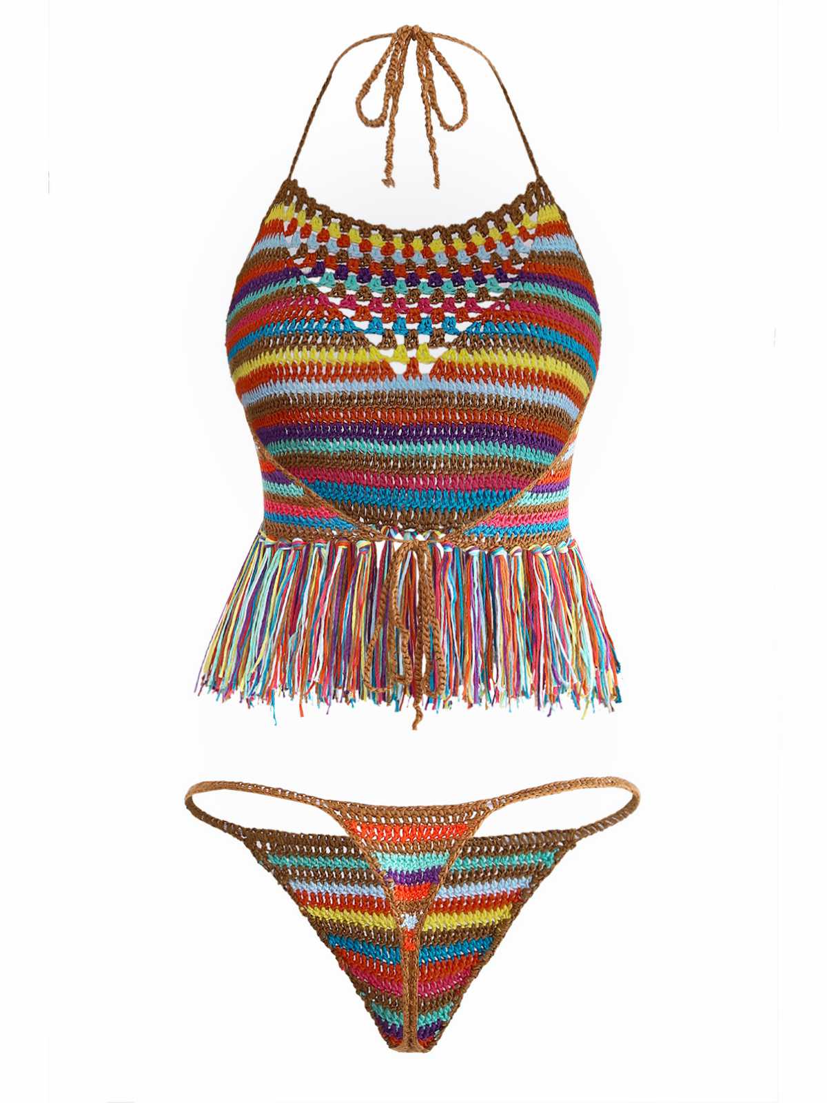 Multicolor 1970s Striped Tassel Crochet Halter Bikini Set - Image 3