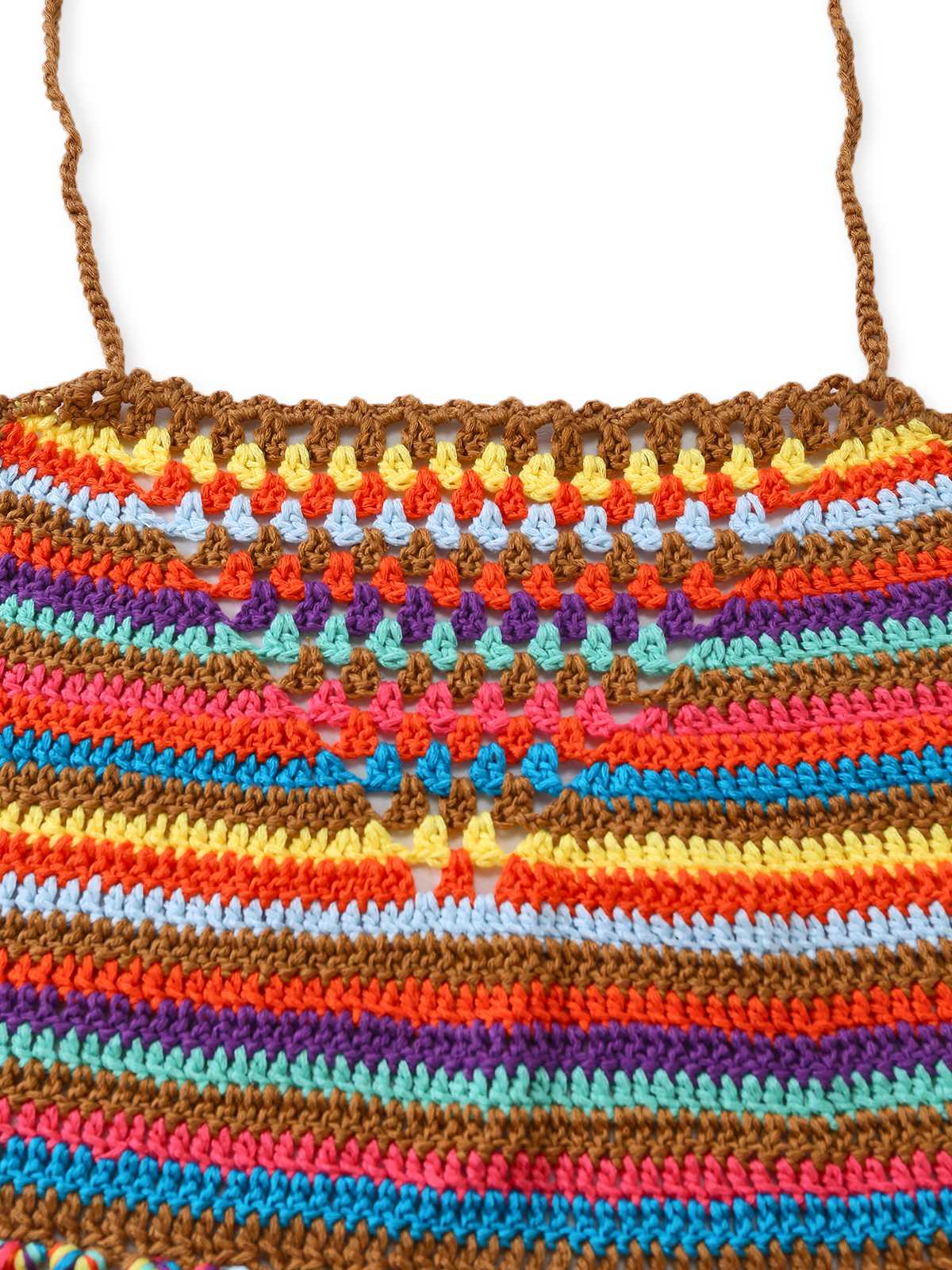 Multicolor 1970s Striped Tassel Crochet Halter Bikini Set - Image 4