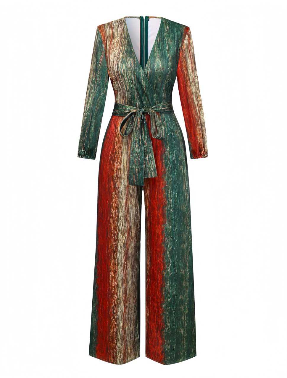 Multicolor 1970s V-Neck Belted Jumpsuit - Image 2