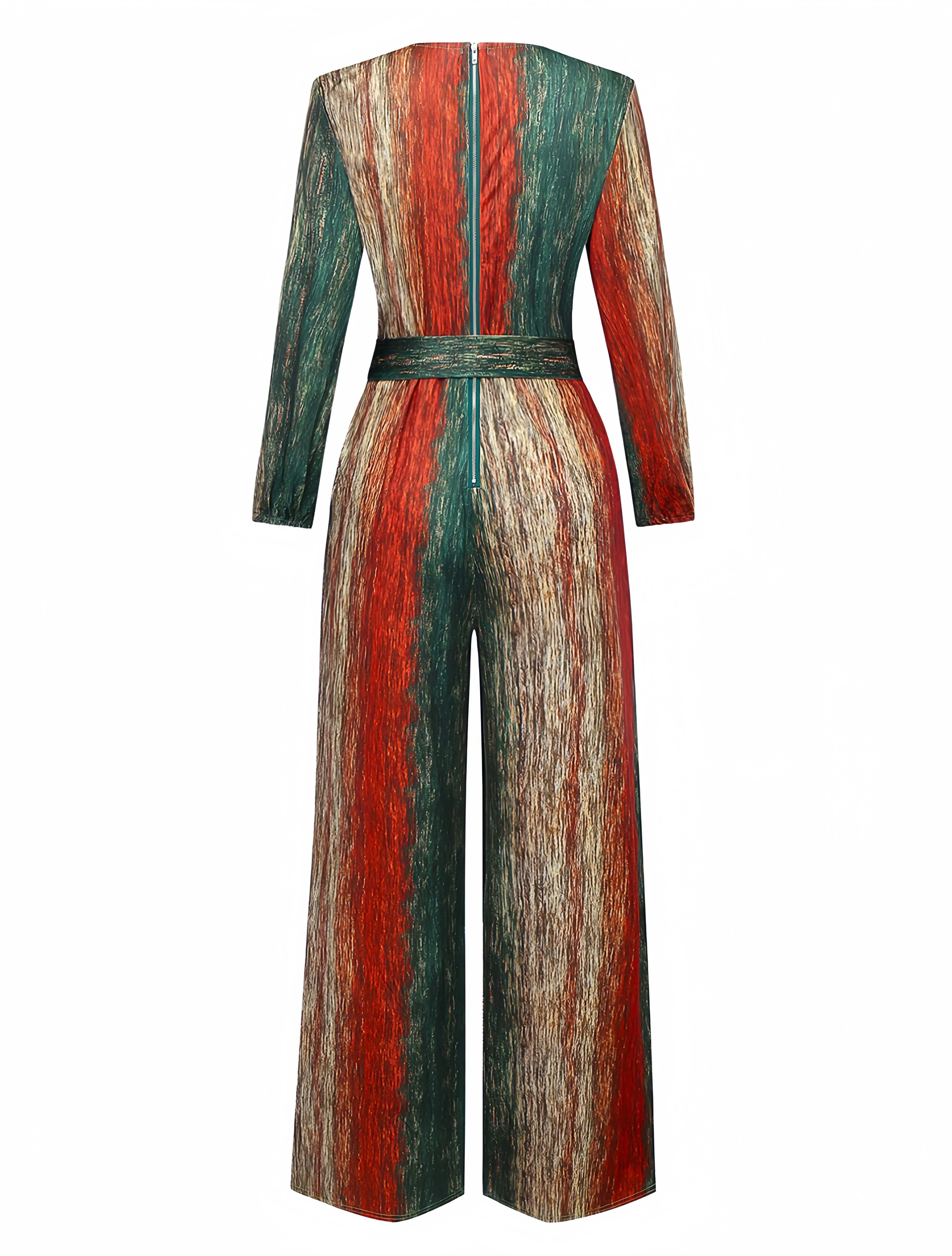 Multicolor 1970s V-Neck Belted Jumpsuit - Image 3