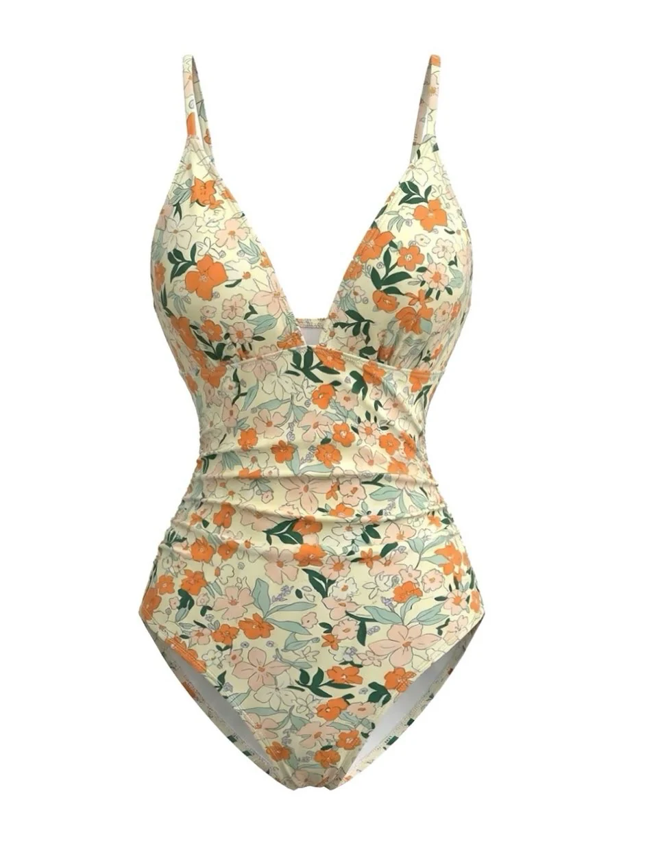 1980s Floral V-Neck Ruched One-Piece Swimsuit - Image 2