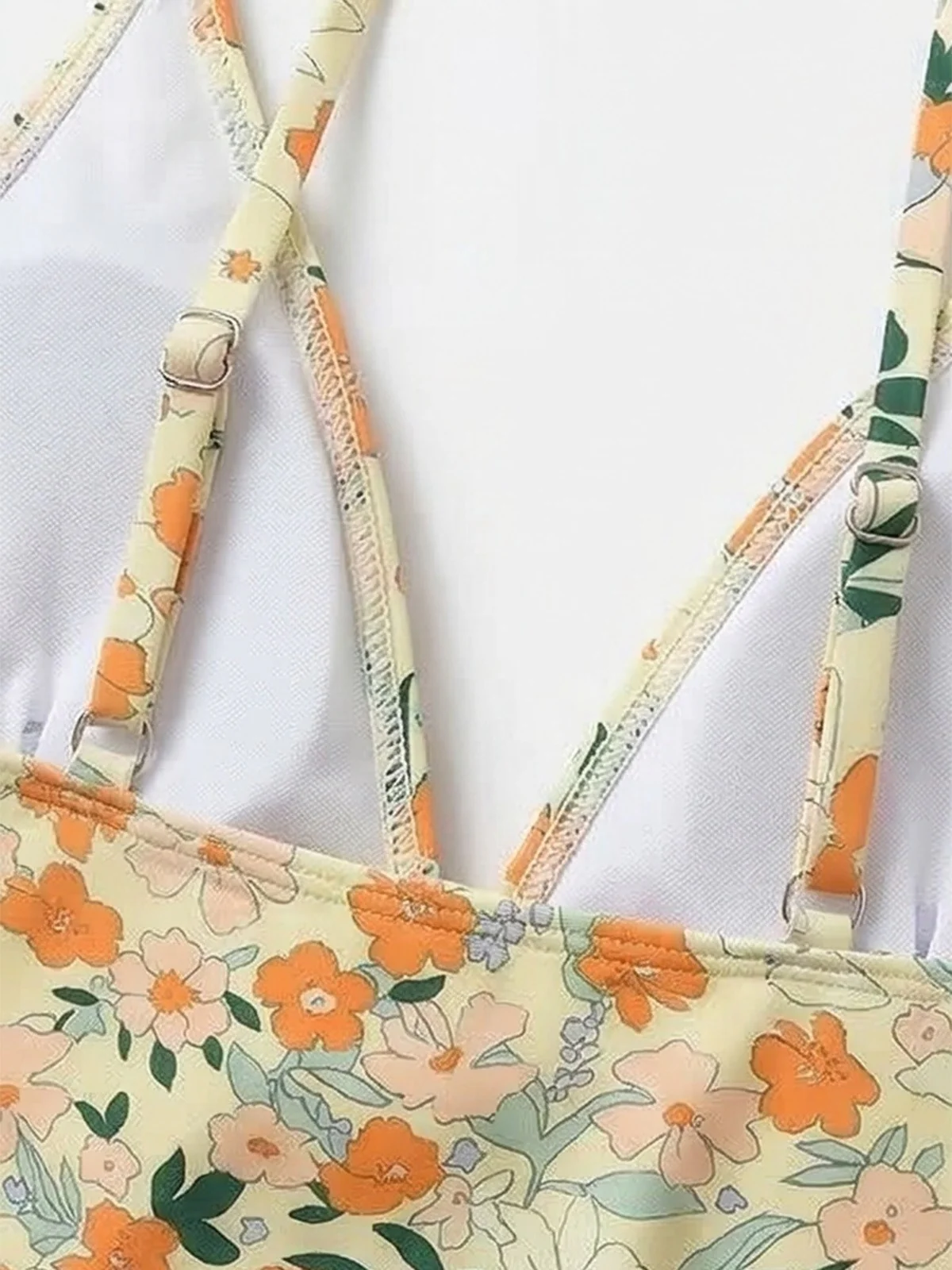 1980s Floral V-Neck Ruched One-Piece Swimsuit - Image 6