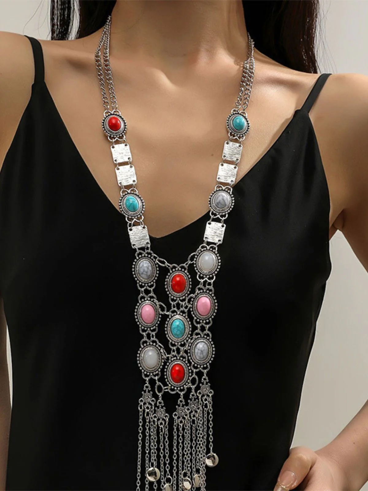 Multicolor Bohemian Tiered Tassel Fringe Necklace - Image 4