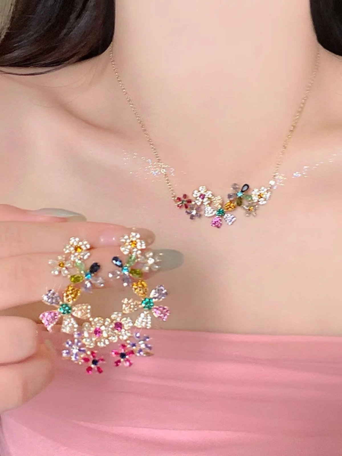 Multicolor Crystal Floating Flower Earrings - Image 2
