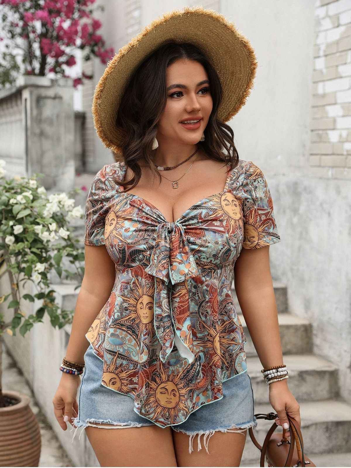 [Plus Size] Multicolor 1970S Boho Sun Print Bow Front Top - Image 2