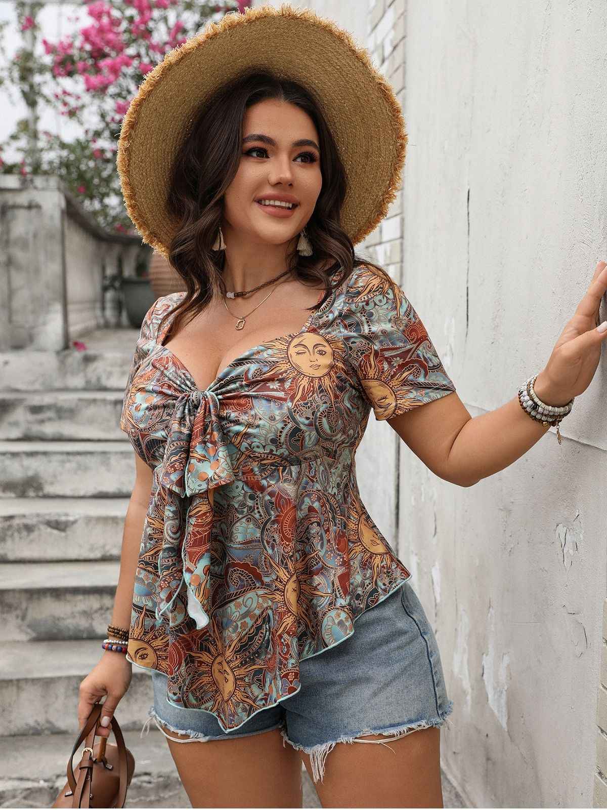 [Plus Size] Multicolor 1970S Boho Sun Print Bow Front Top - Image 3