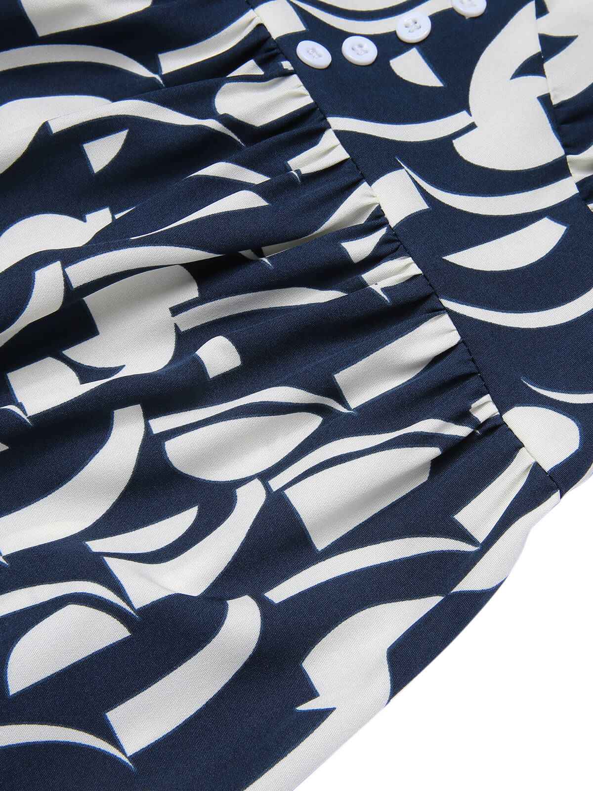 Navy Blue 1930s Geometric Printed V-Neck Dress - Image 2