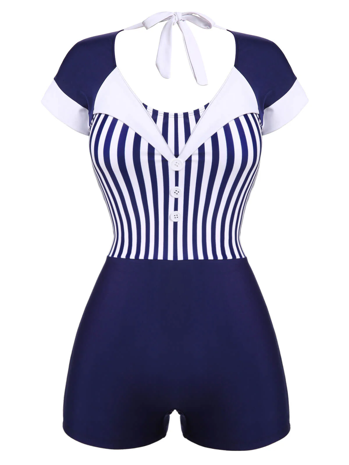 Navy Blue 1930s Stripe Patchwork Swimsuit - Image 2