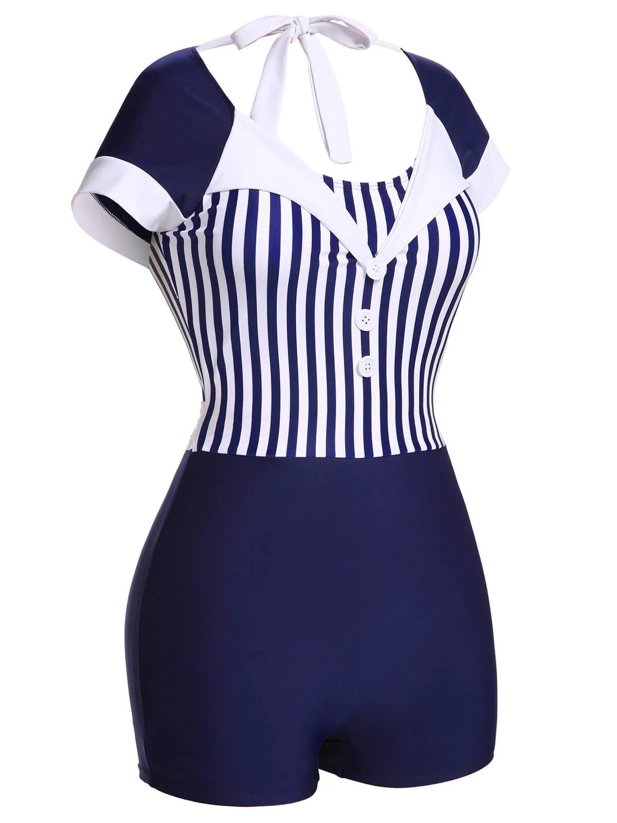 Navy Blue 1930s Stripe Patchwork Swimsuit - Image 3